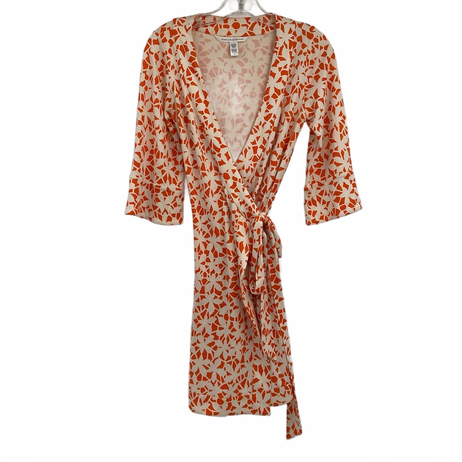 Diane Von Furstenberg Orange Cream Silk Wrap Dress
