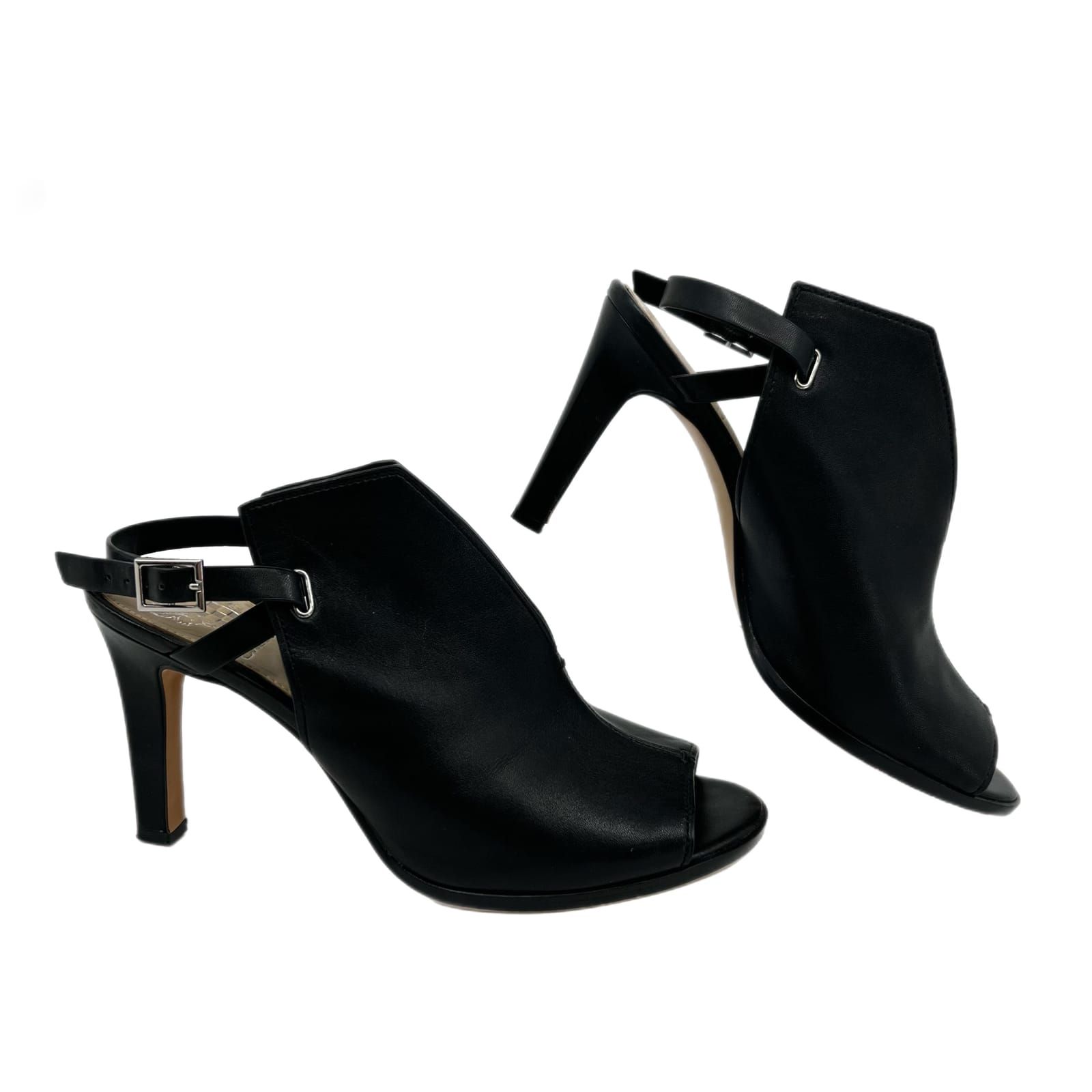 Vince Camuto Black Leather Buckle Peep Toe Heels