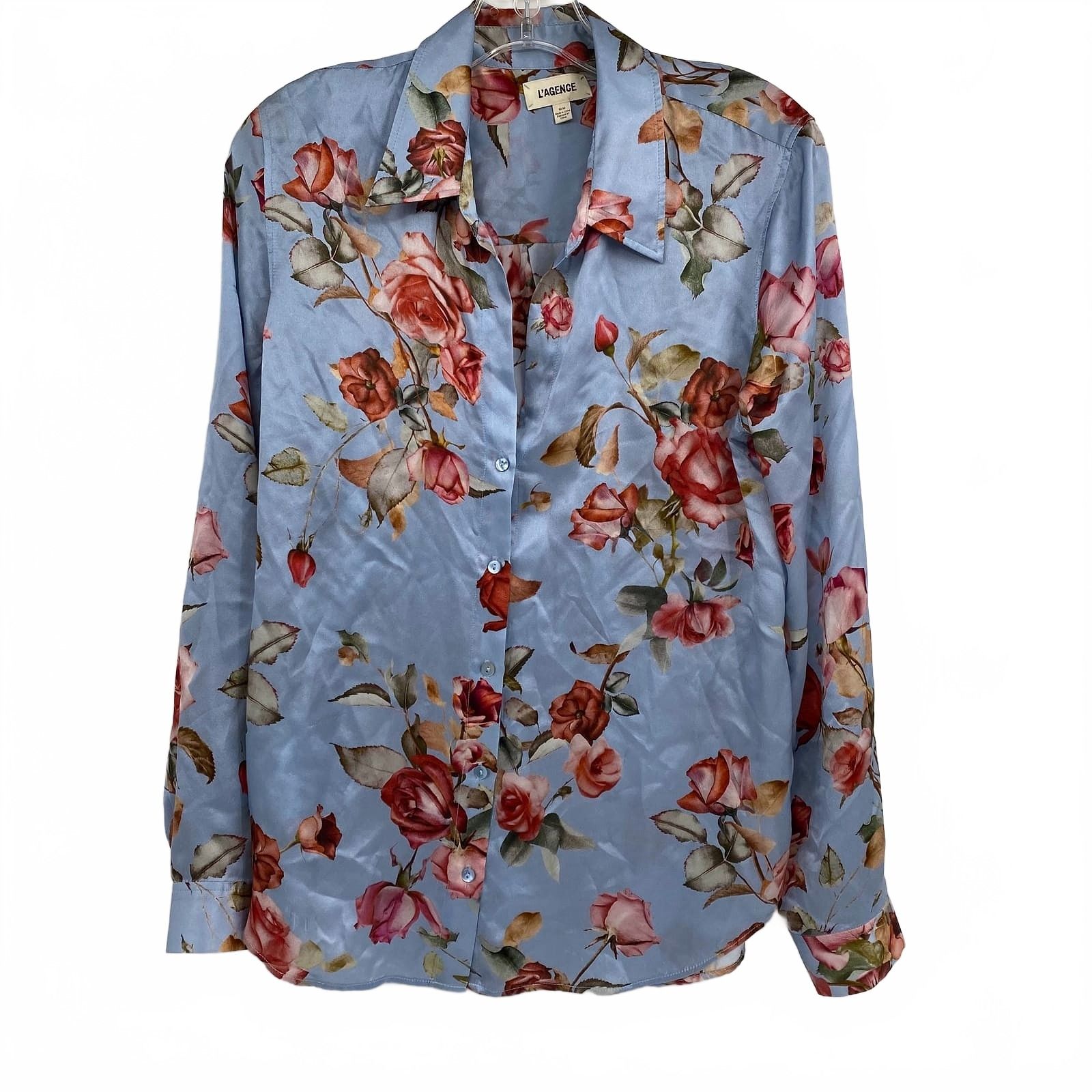 L’AGENCE Blue Silk Floral Blouse