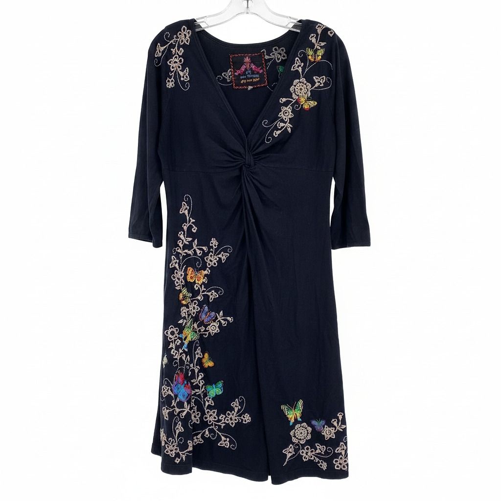 Johnny Was Black Embroidered Butterfly Midi Dress