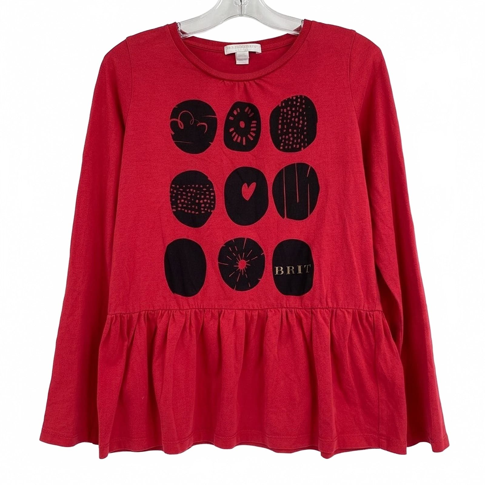 Burberry Red Black Graphic Peplum Long Sleeve Tee