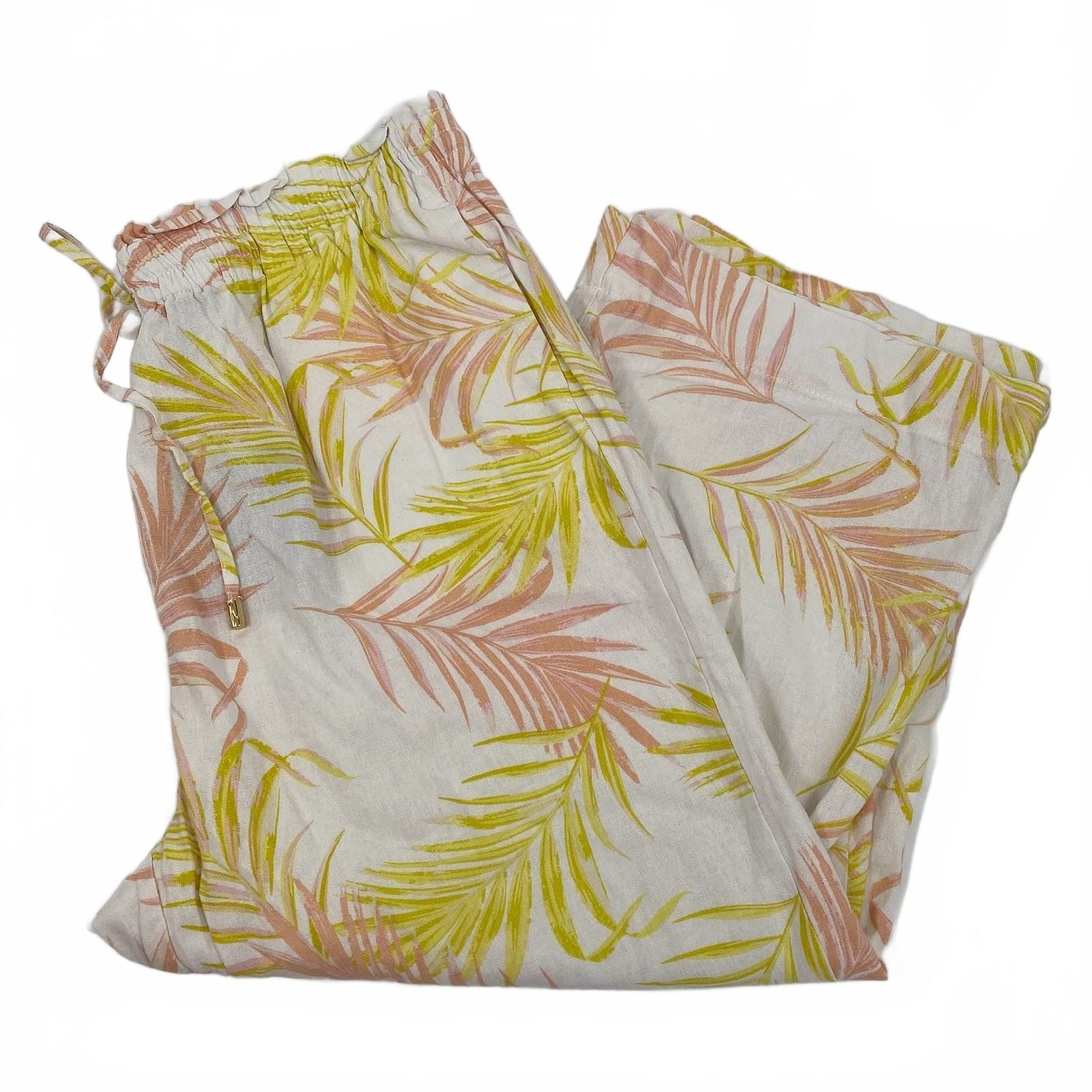 Marc New York White Yellow Pink Linen-Blend Leaf Print Pants