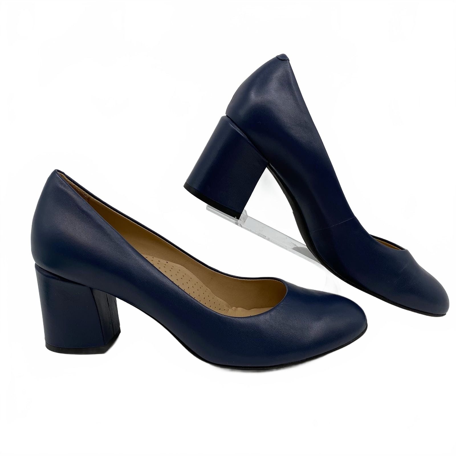 Wirth Blue Leather Block Heel Pumps