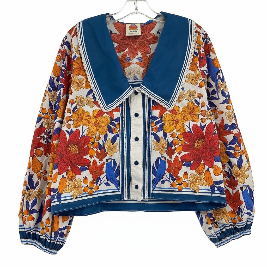 FARM Rio Blue Orange Florisbela Floral Collared Blouse