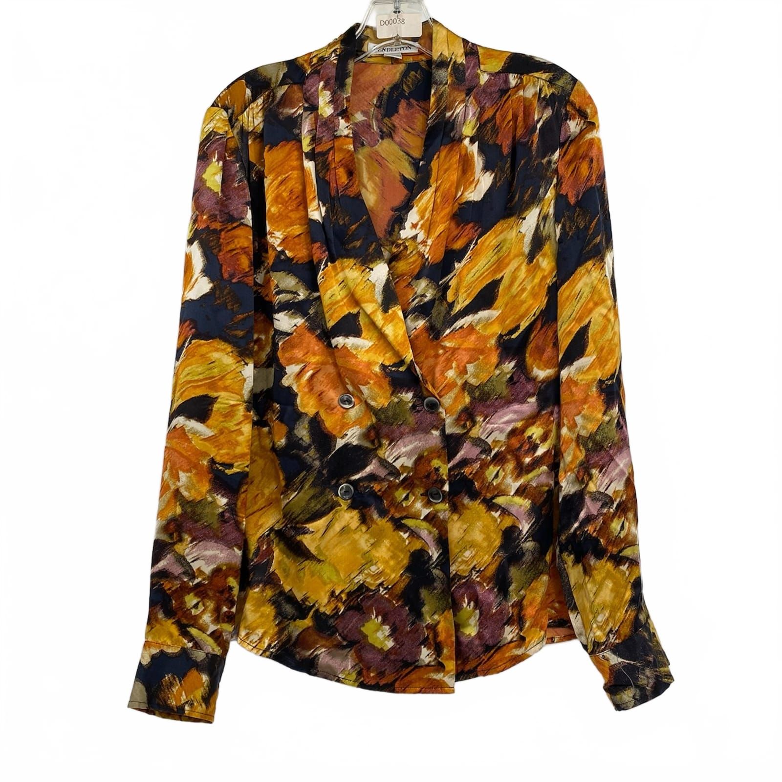 Pendleton Orange Black Abstract Print Silk Double-Breasted Blouse