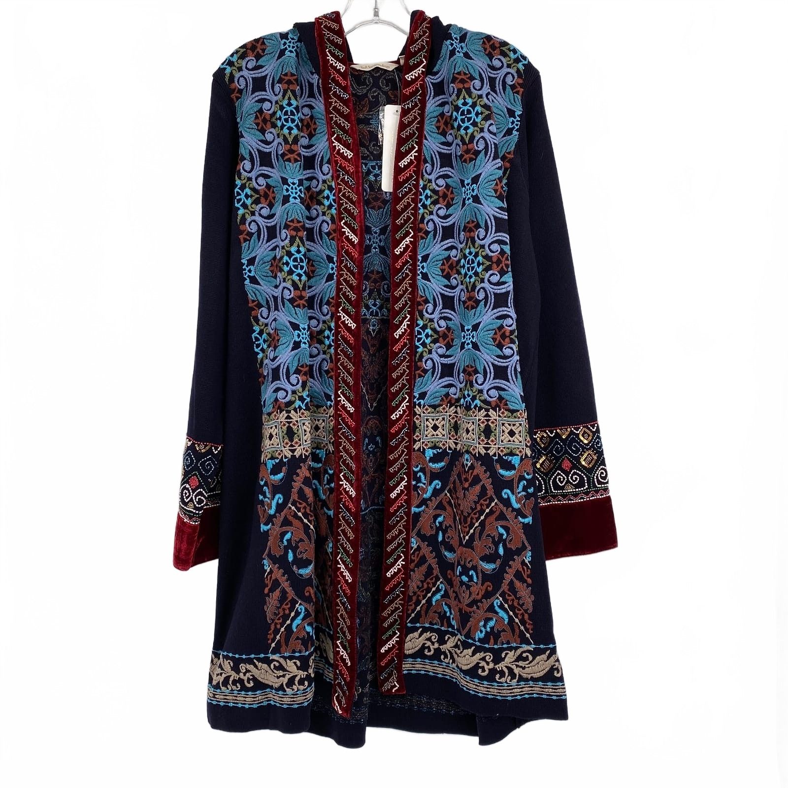 Soft Surroundings Navy Red Lysa Embroidered Beaded Cardigan