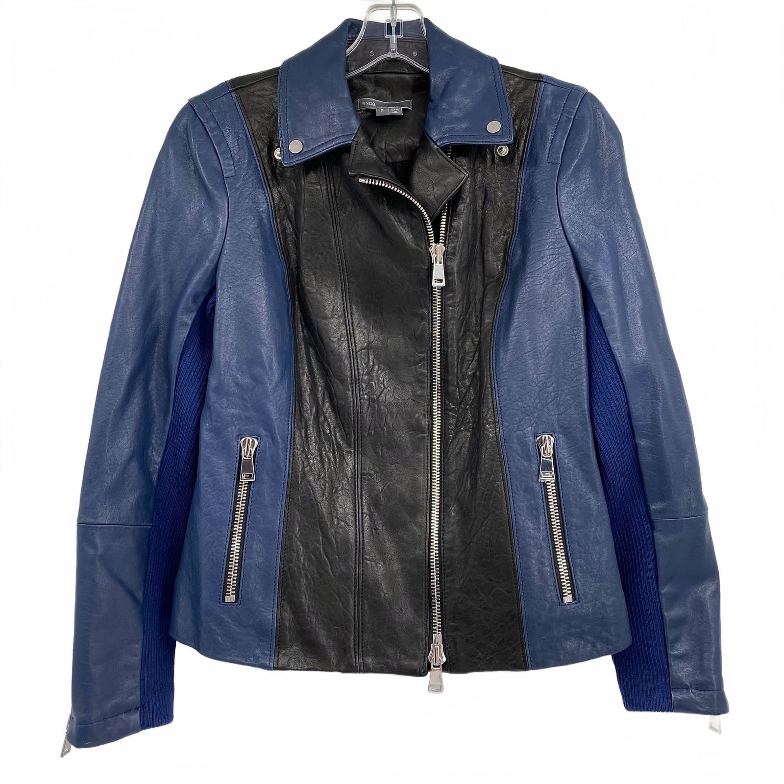 Vince Blue Black Lambskin Leather Jacket