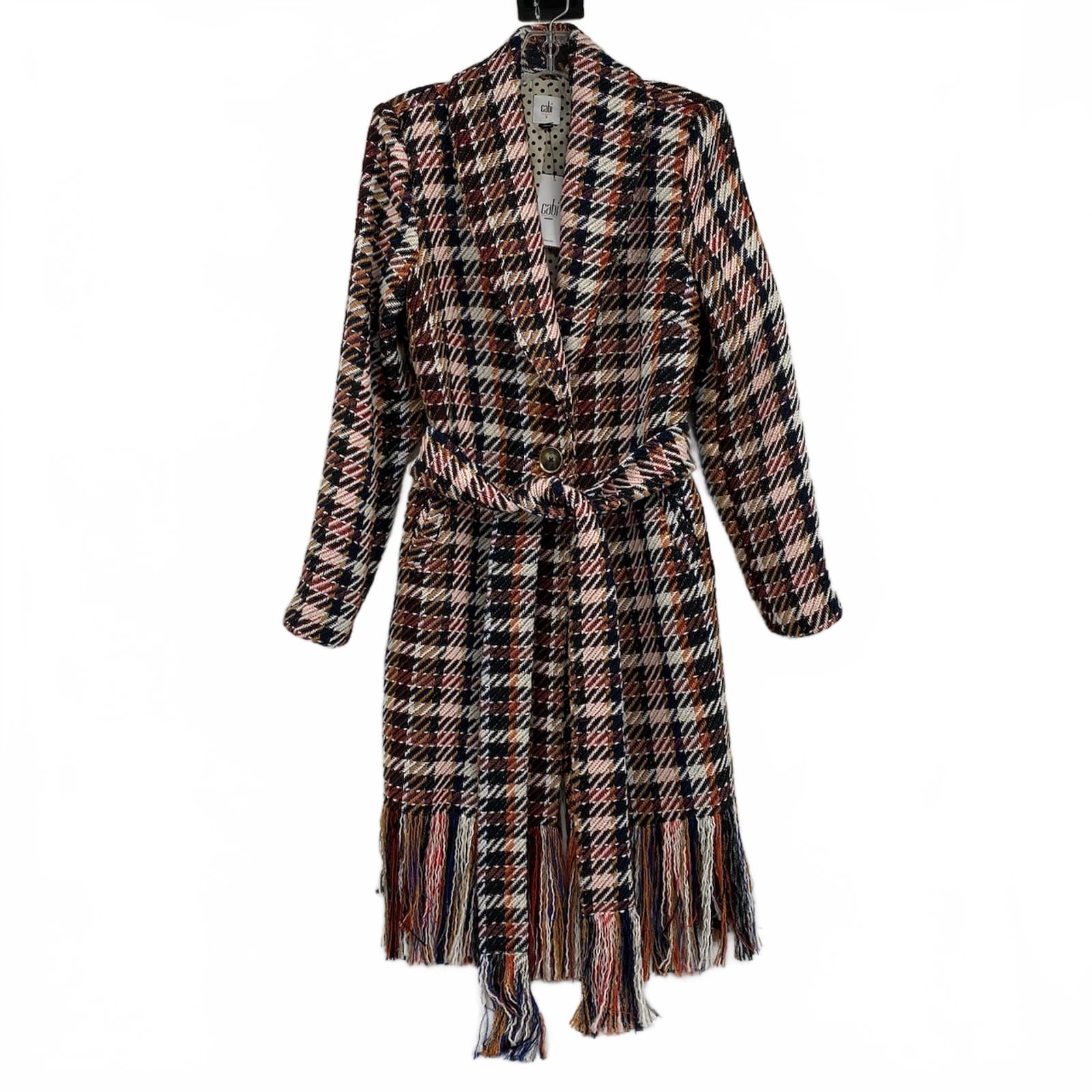 CAbi Orange Black Plaid Tweed Fringe Jacket