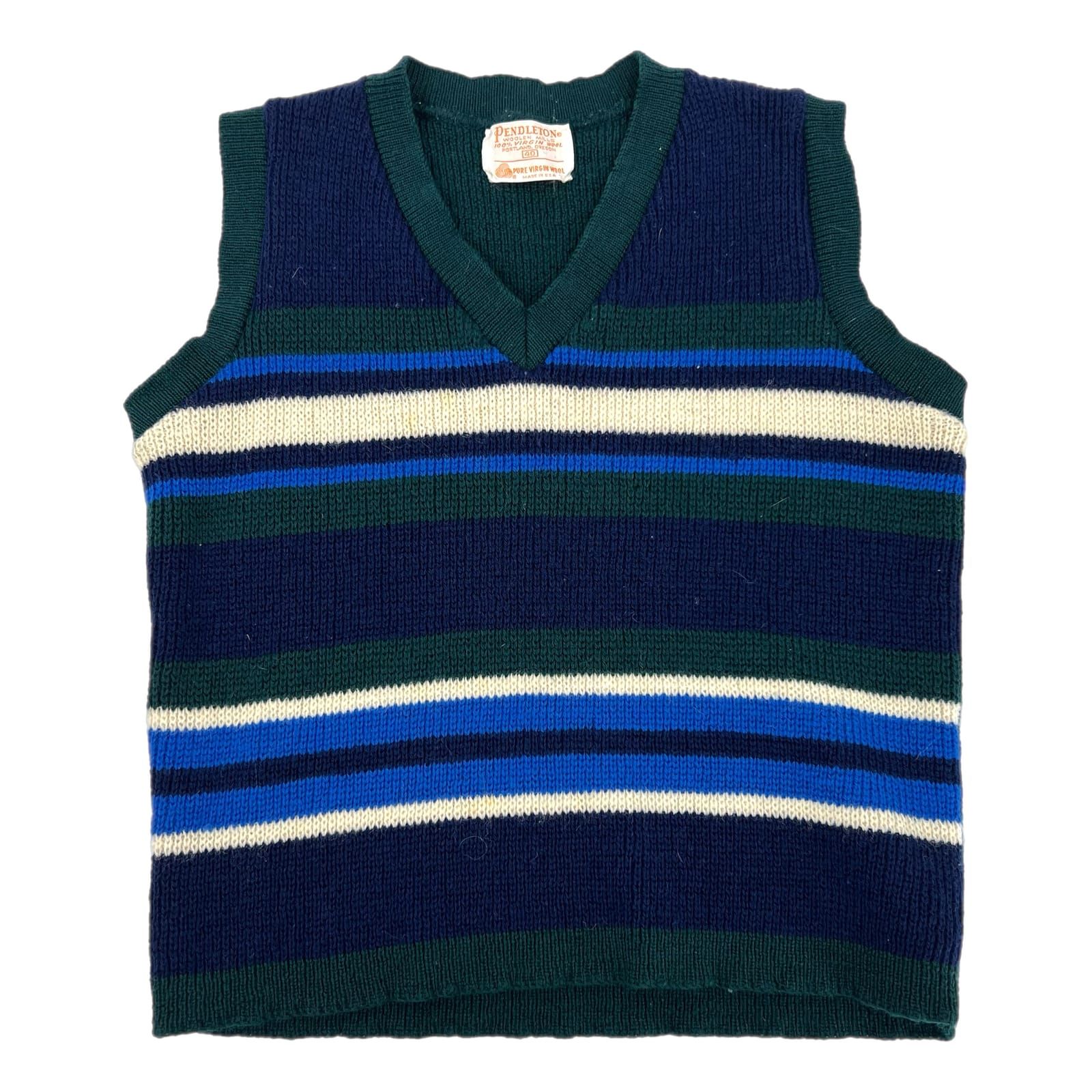 Pendleton Green Blue Striped 100% Wool Knit Vest