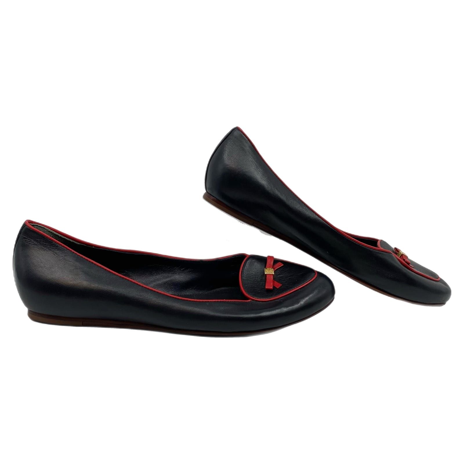 Tory Burch Navy Blue & Red Dakota Bow Flats