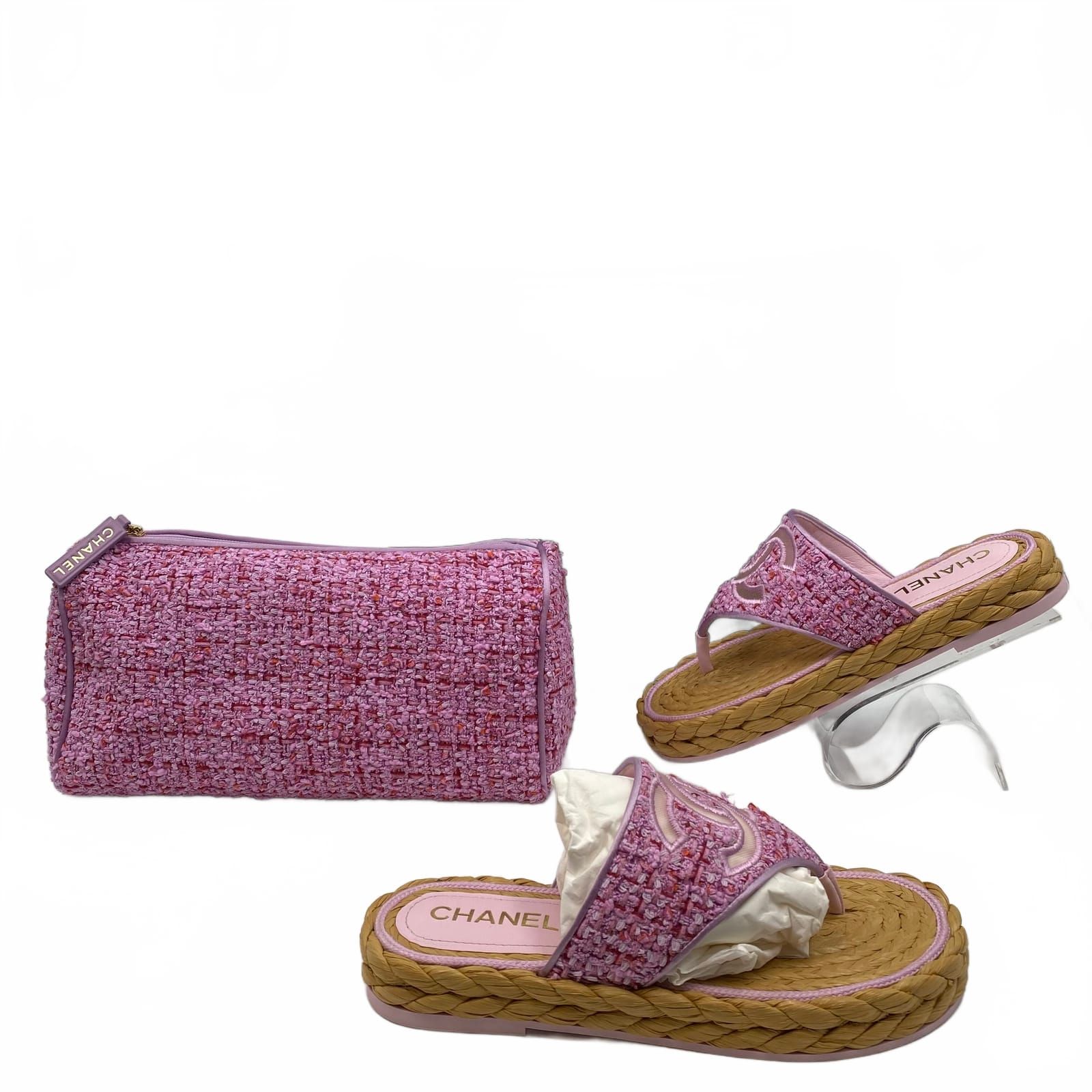 CHANEL Tweed Sandal Bag Set Vintage Pink
