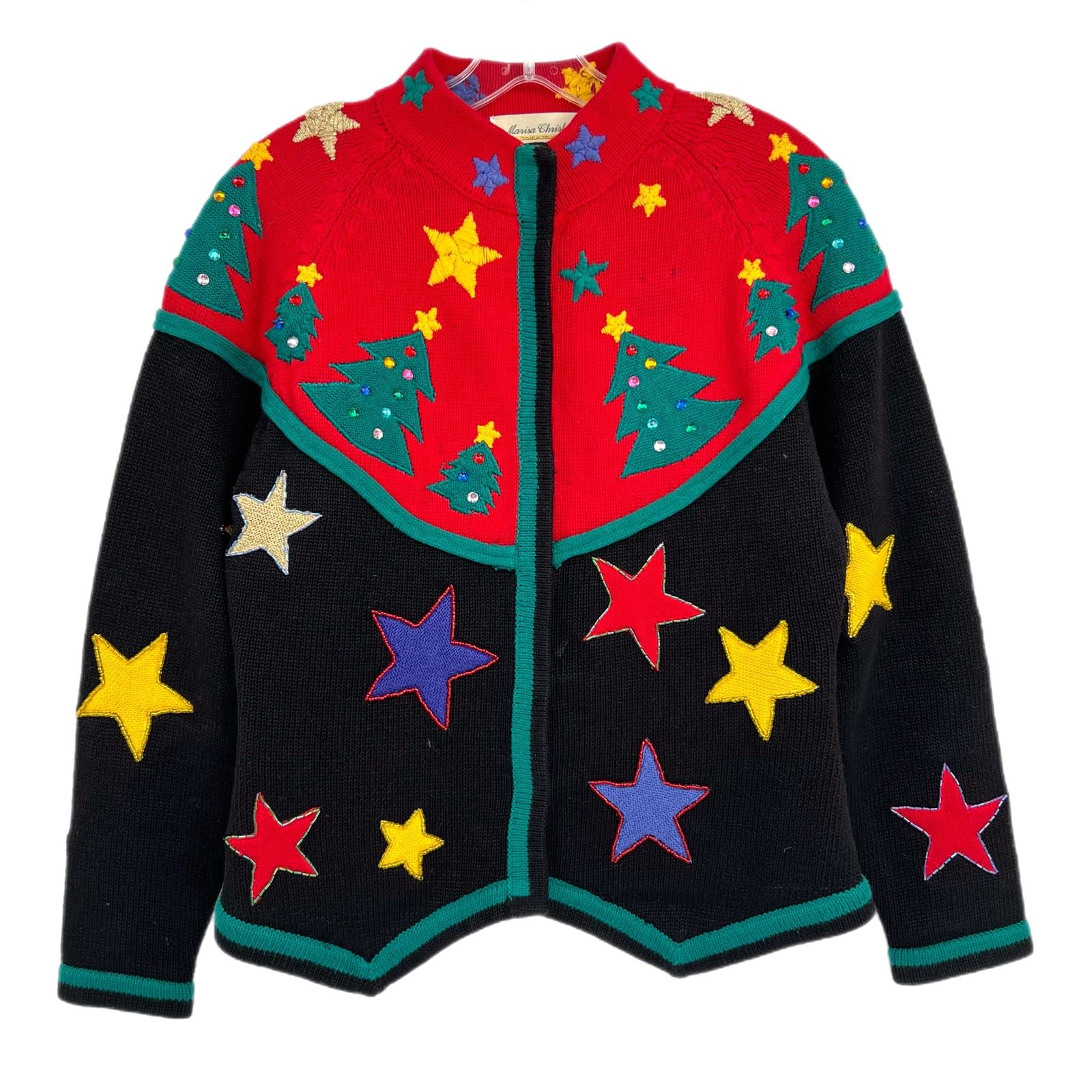 Marisa Christina Red Black Beaded Christmas Cardigan