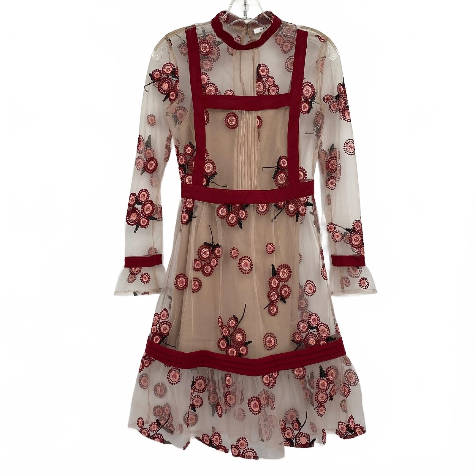 Endless Rose Red Tan Embroidered Floral Mesh Overlay Mini Dress