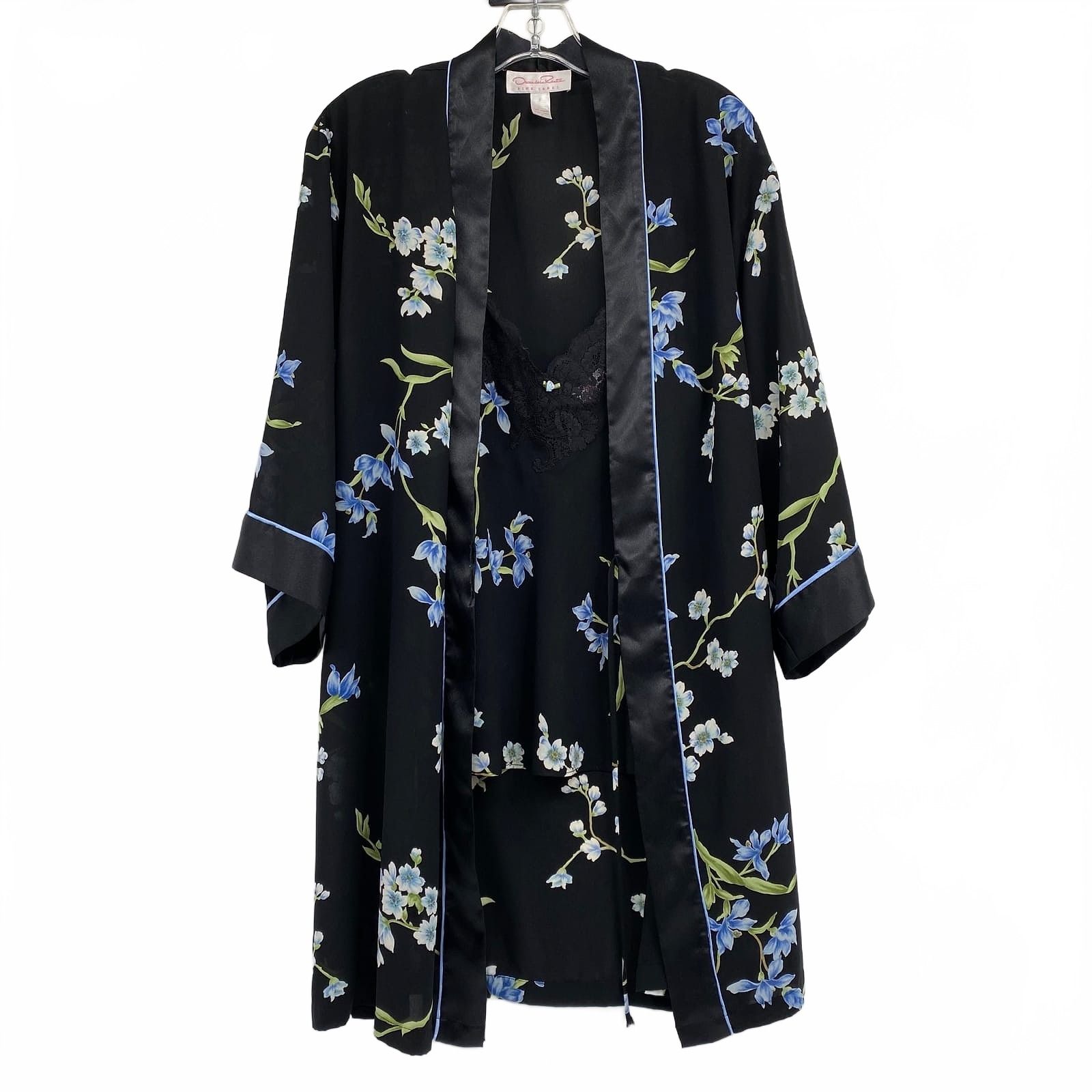 Oscar de la Renta Black Blue Floral Sheer Robe & Cami Set