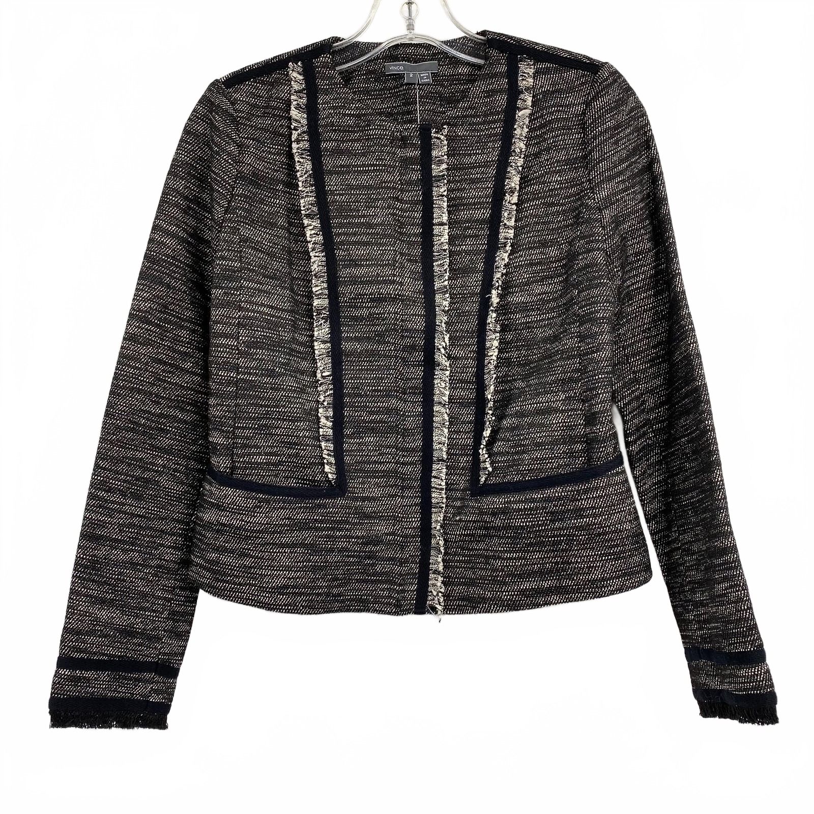 Vince Black White Tweed Fringe Zip-Up Jacket