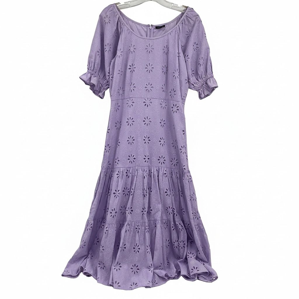 Ann Taylor Purple Eyelet Puff Sleeve Midi Dress