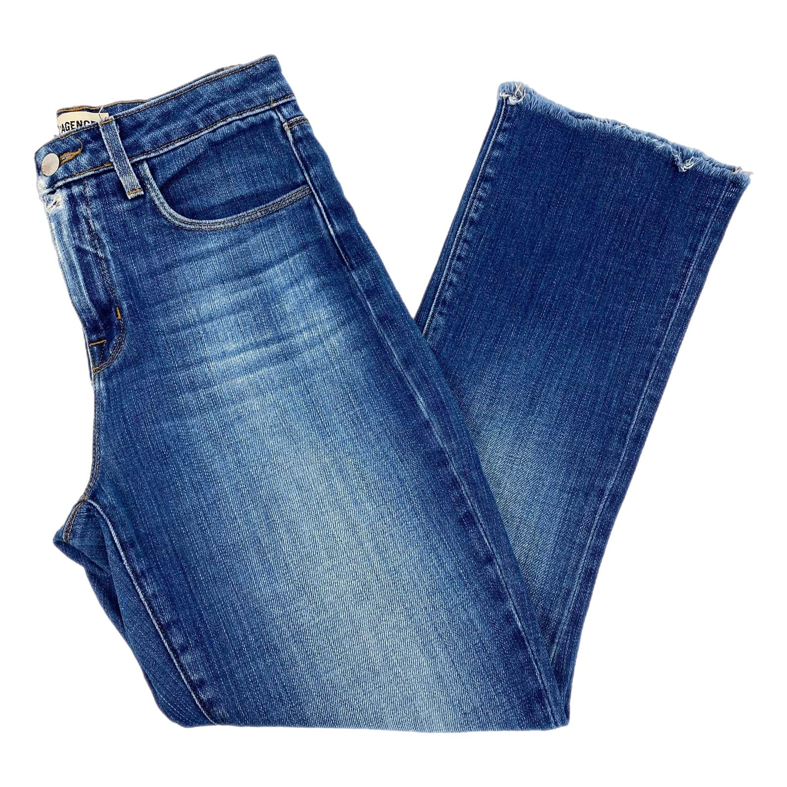 L'AGENCE Blue Medium Wash Frayed Hem Straight Leg Jeans