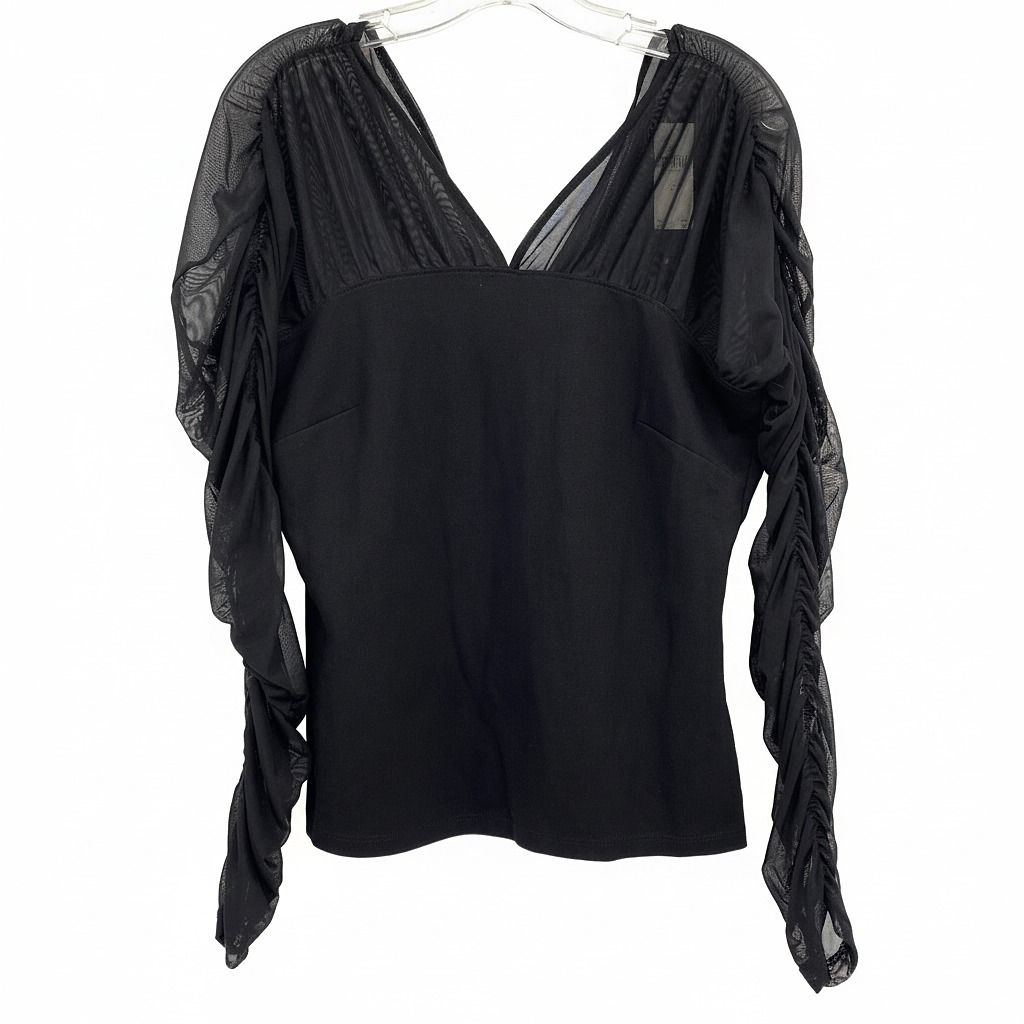 Maeve Black Blouse Ruched Mesh Accent Long Sleeve