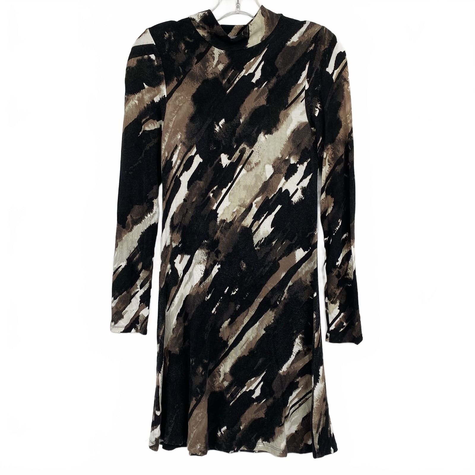 Tart Black Brown Watercolor Print Mock Neck Mini Dress