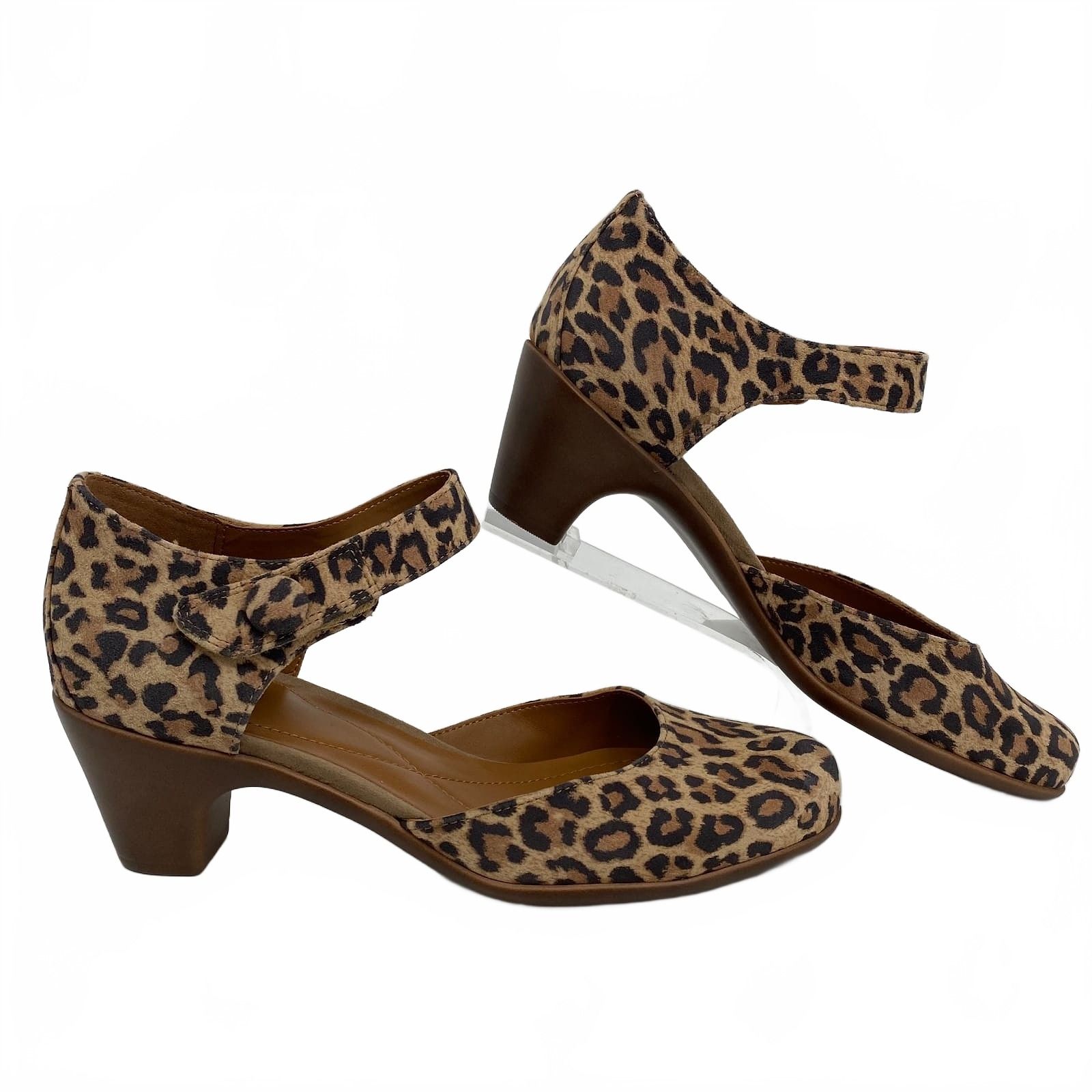 Easy Spirit Brown Tan Leopard Print Ankle Strap Heels