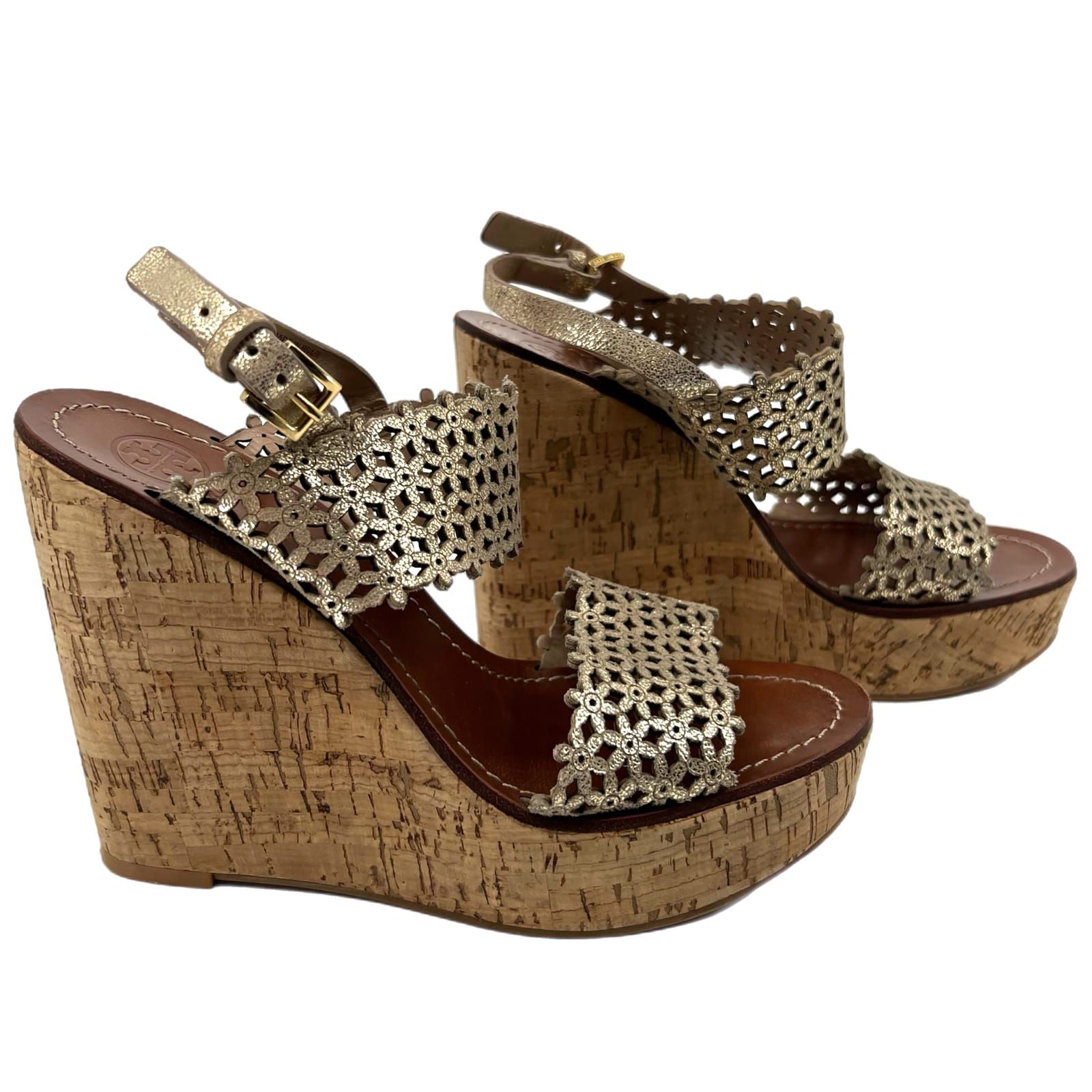 Tory Burch Tan Gold Ultra-High Leather Wedge Heels