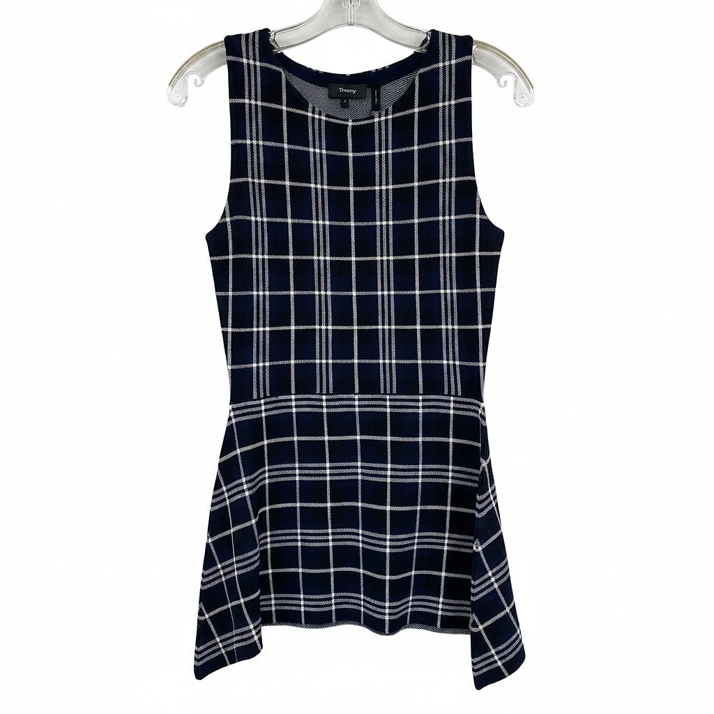 Theory Navy Plaid Knit Peplum Tank Top