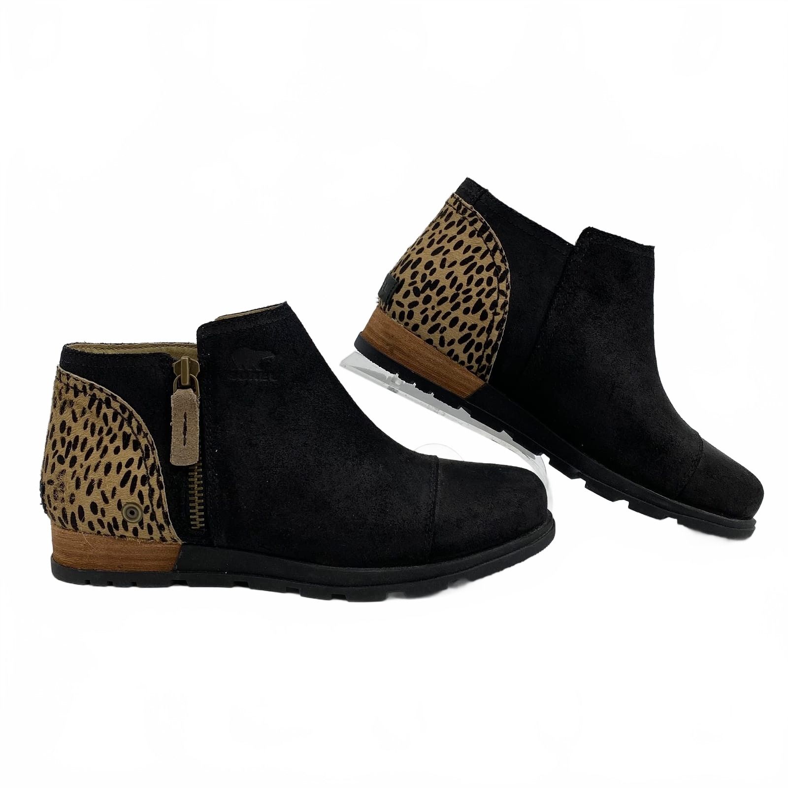 Sorel Black Tan Ankle Boots Cheetah Print Fur Accent