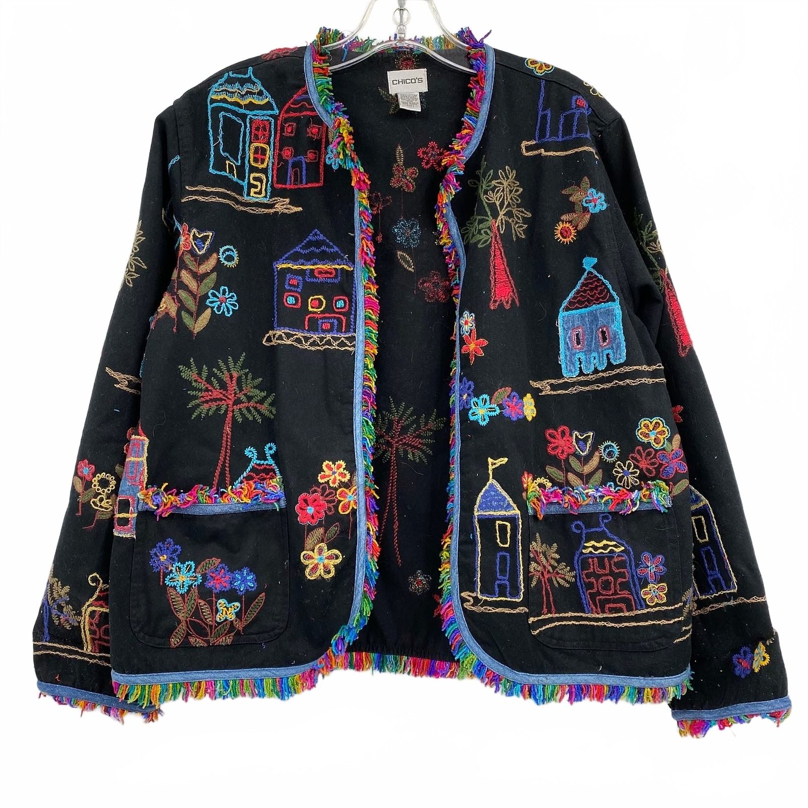 Chico’s Black and Multicolor Embroidered Fringe Shacket