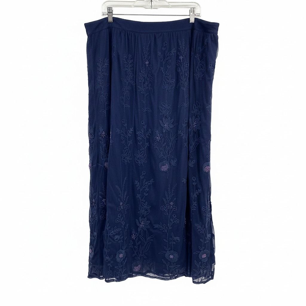 Soft Surroundings Blue Floral Beaded Midi Skirt
