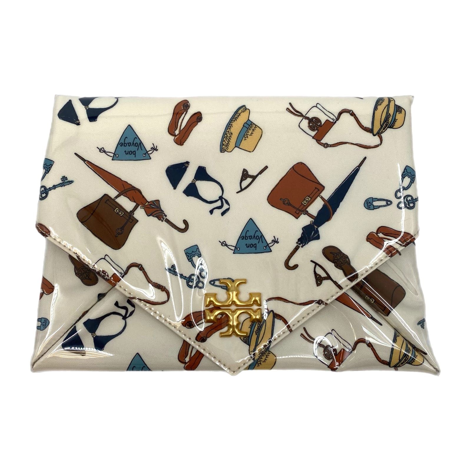 Tory Burch Cream Blue Leather Travel Print Envelope Clutch
