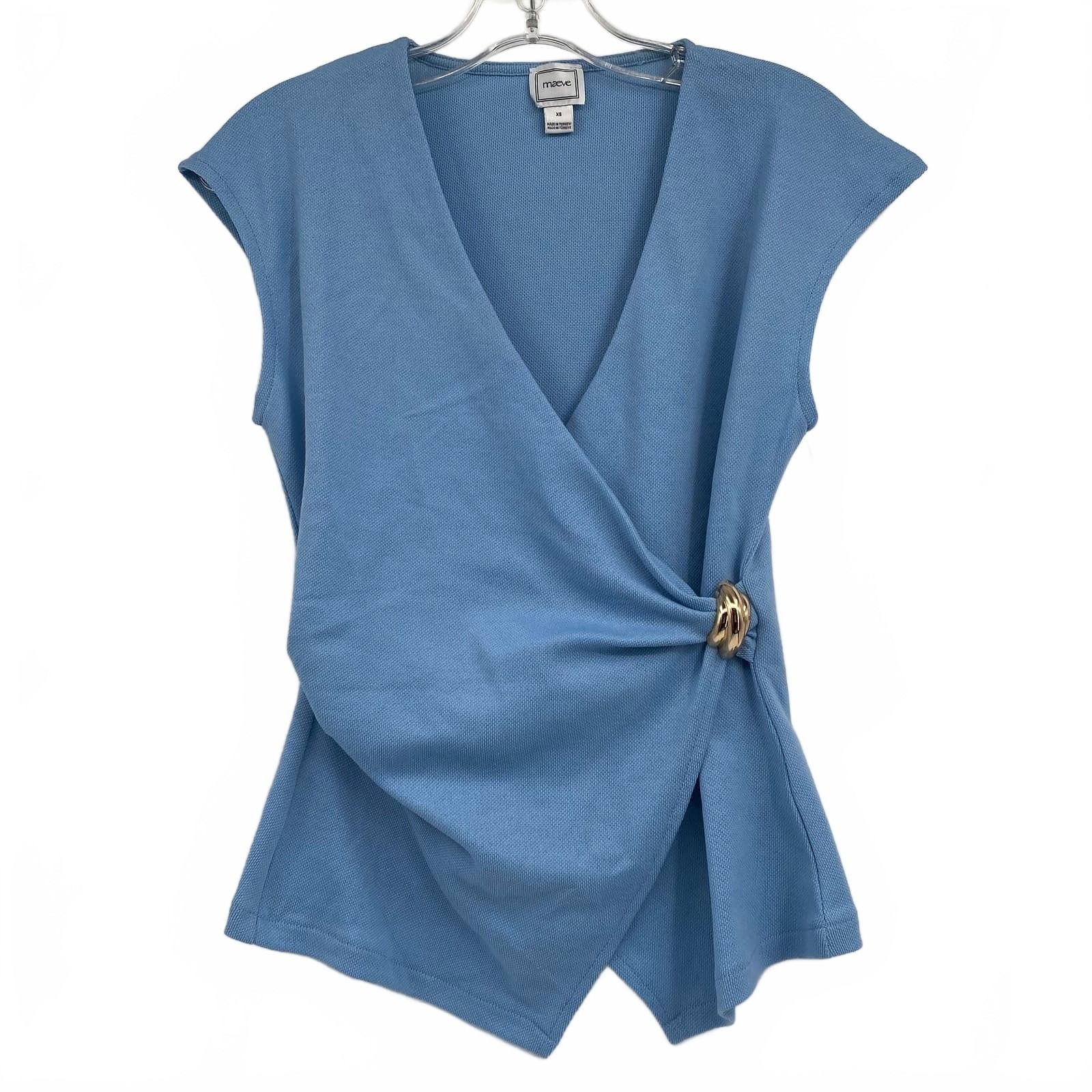 Maeve Blue Blouse Wrap Top Gold Hardware
