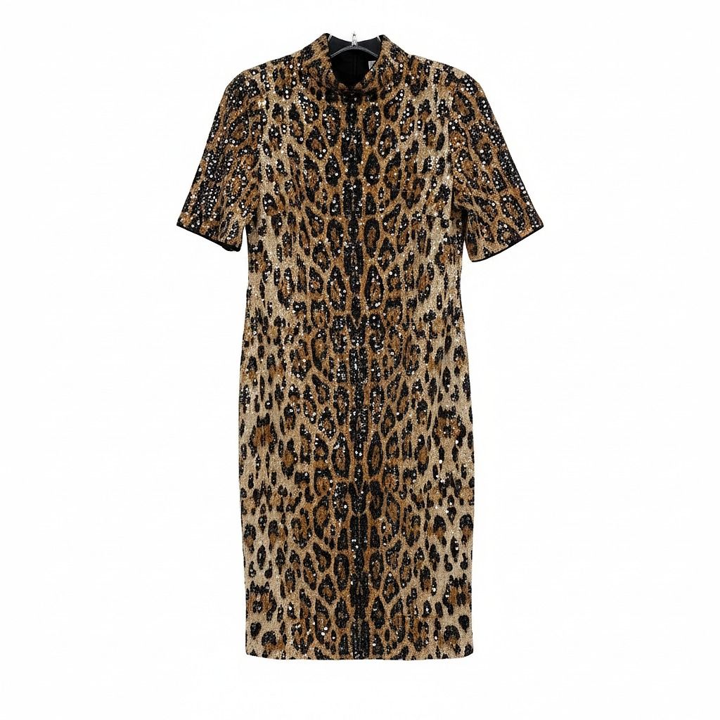 Anne Klein Brown Black Animal Print Midi Sequin Dress