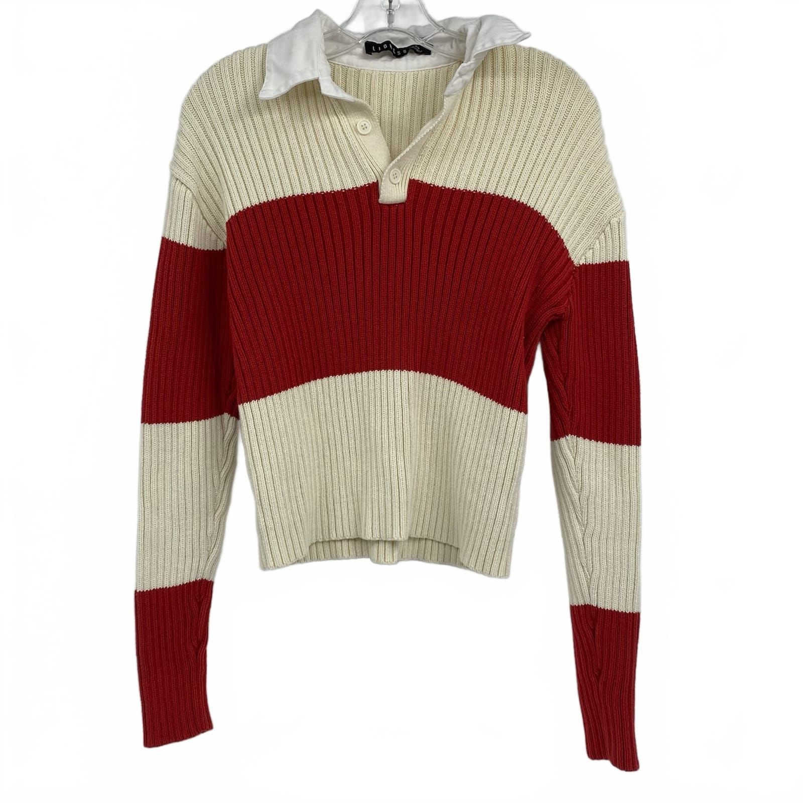 Lioness Cream Red Ribbed Collared Knit Sweater