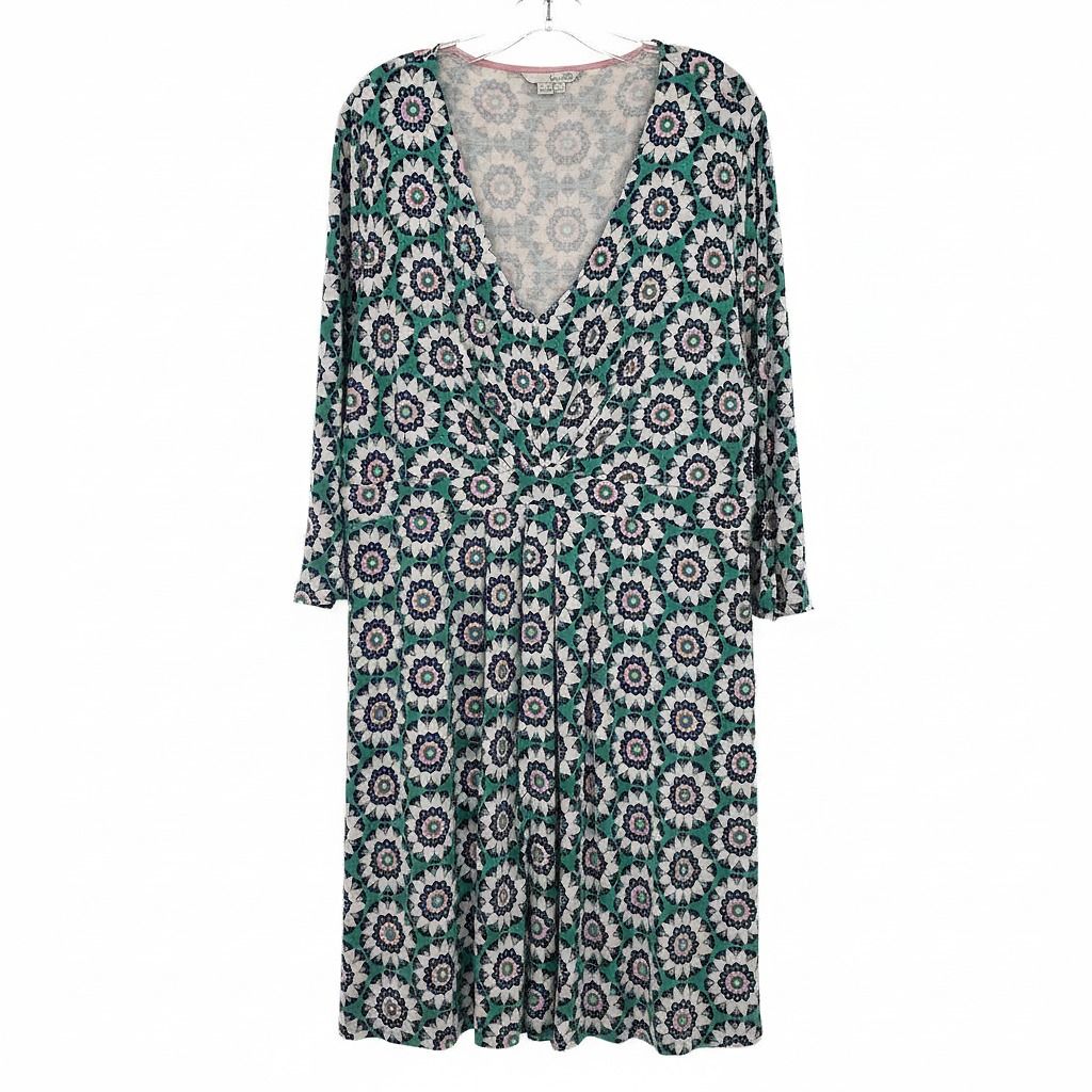Boden Green White Patterned V-Neck Midi Dress