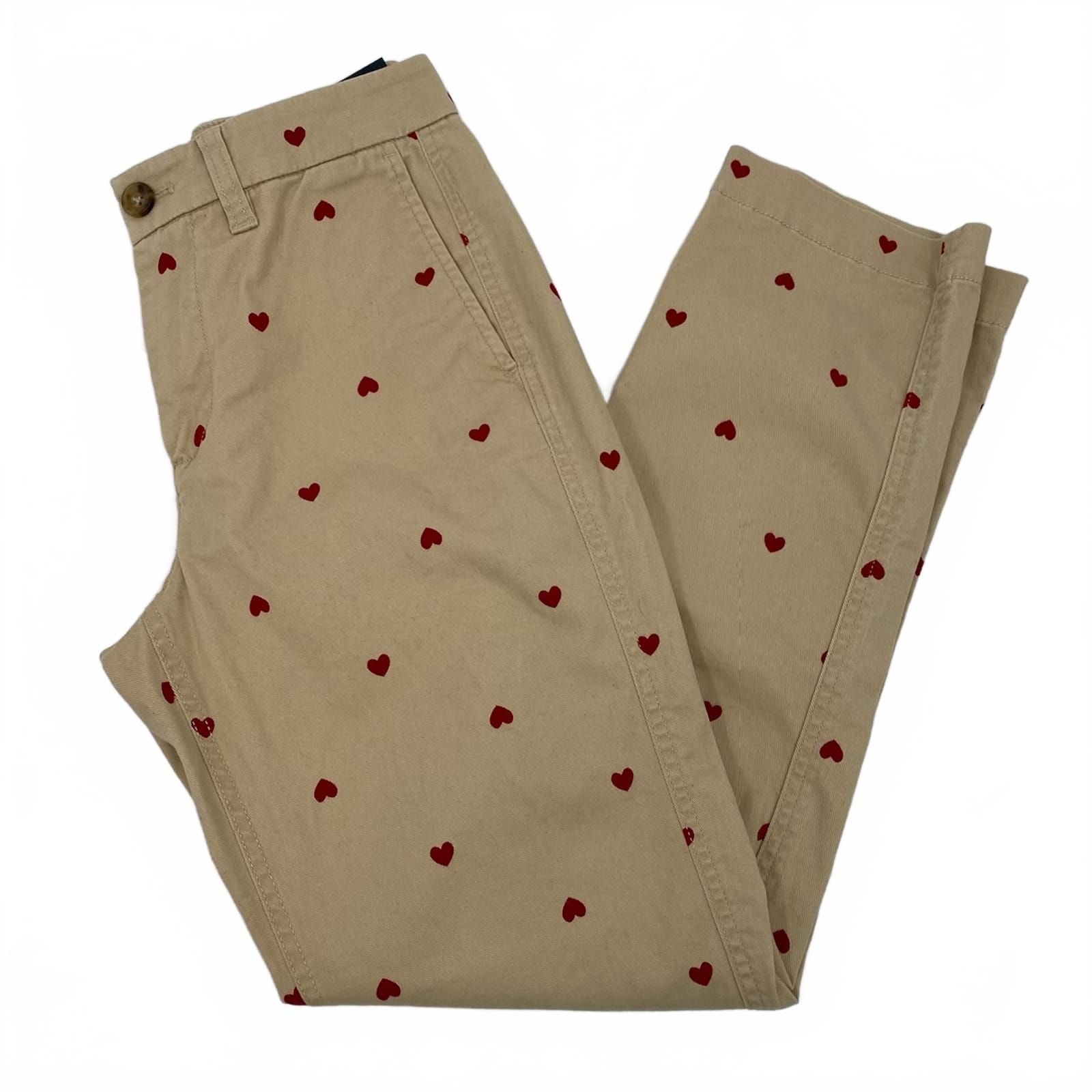J. Crew Tan Red Heart Print High-Rise Girlfriend Chino Pants