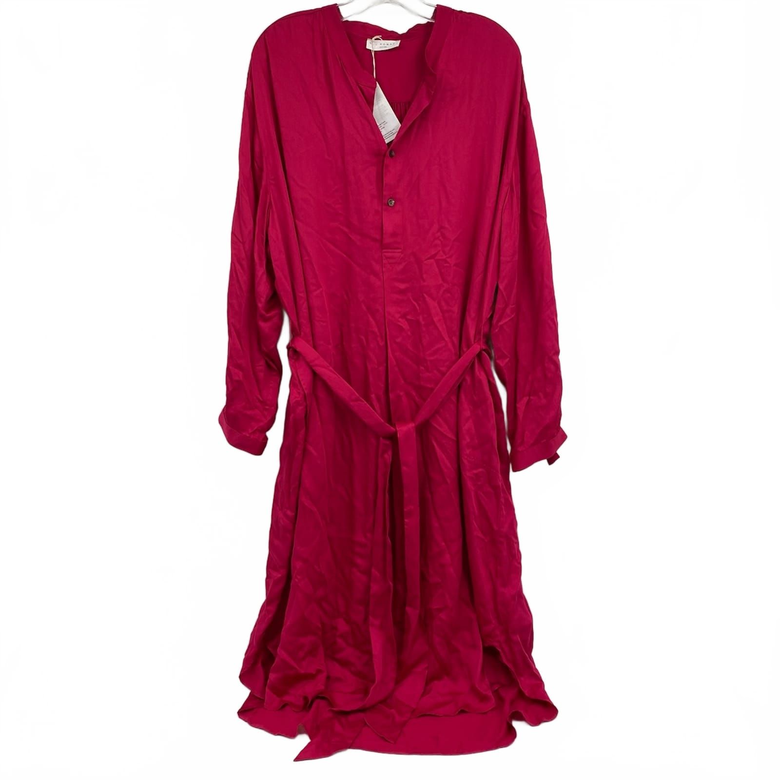Neu Nomads Fuchsia Pink Satin Belted Midi Dress