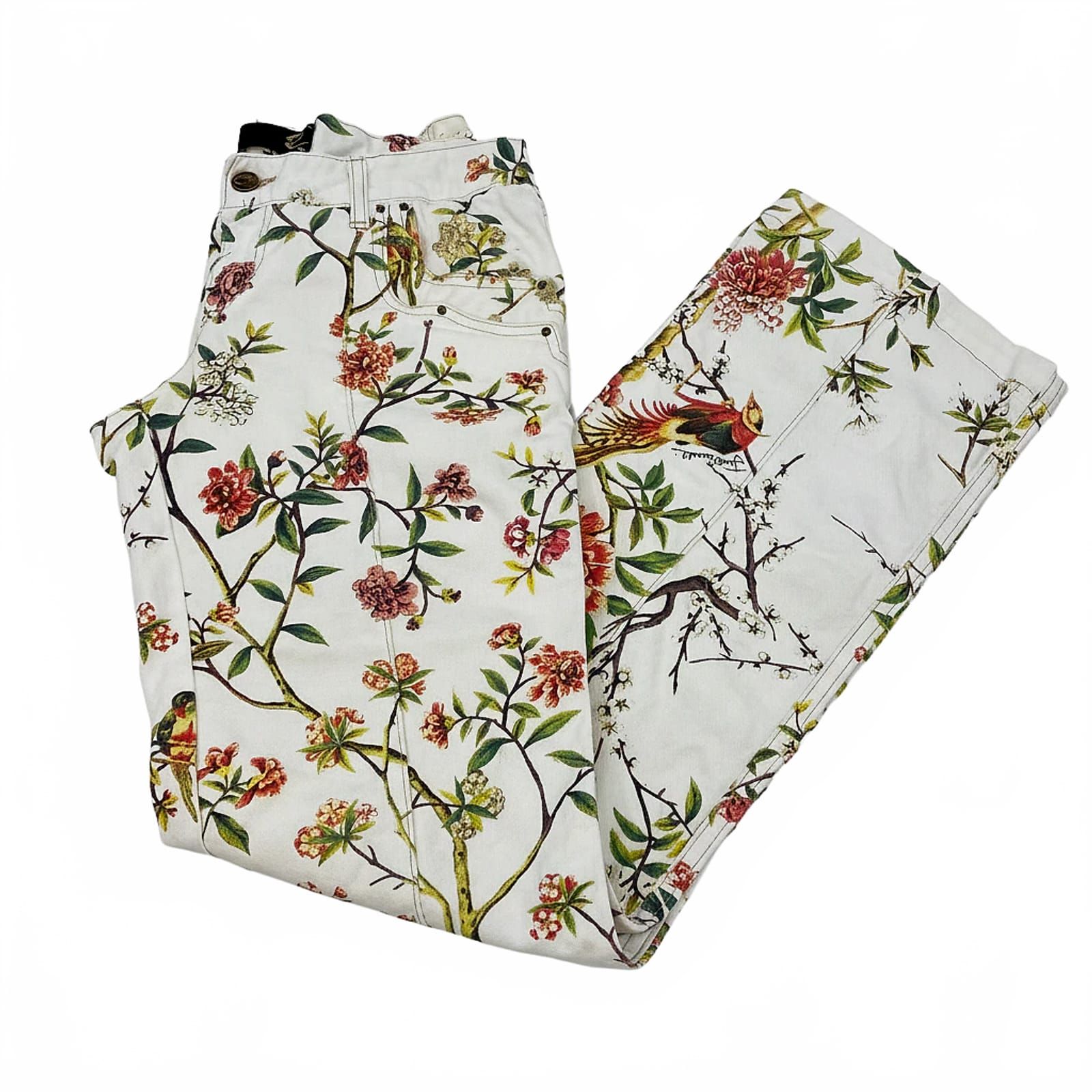 Just Cavalli White Floral Cotton Blend Wide-Leg Pants