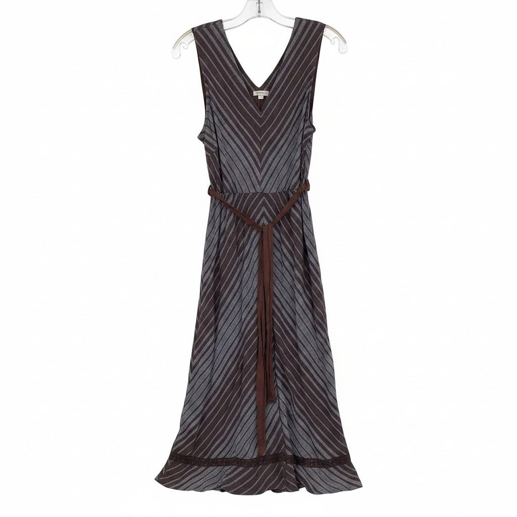 Sundance Brown Gray Striped Linen Sleeveless Midi Dress