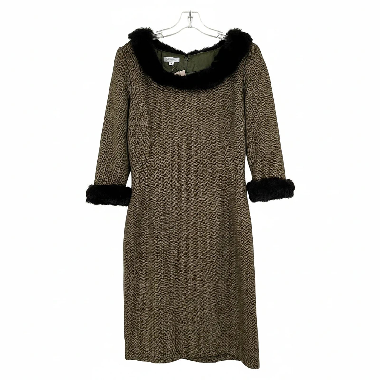 Shoshanna Black/Green Wool Blend Midi Dress