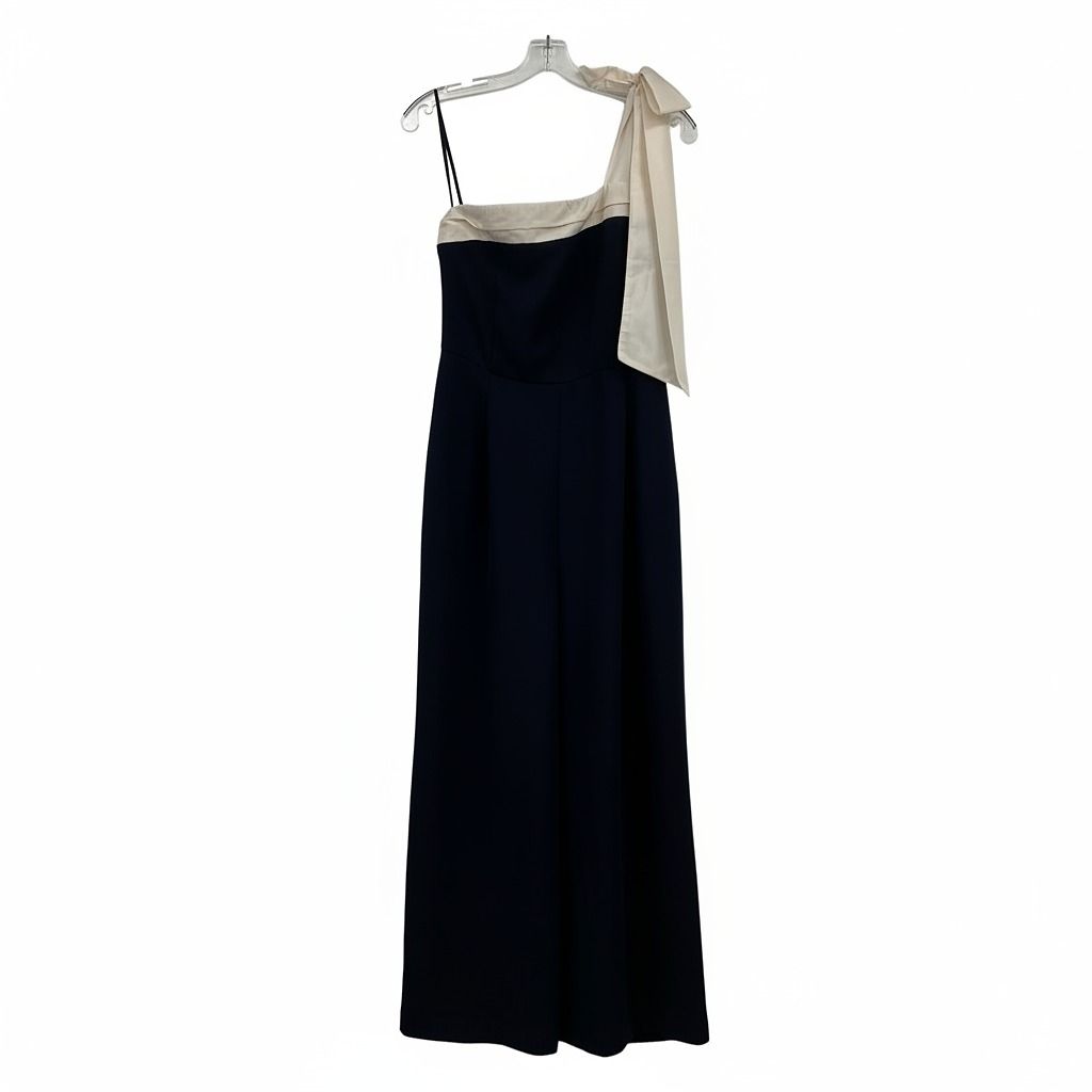 LOFT Black Cream One-Shoulder Bow Accent Jumpsuit