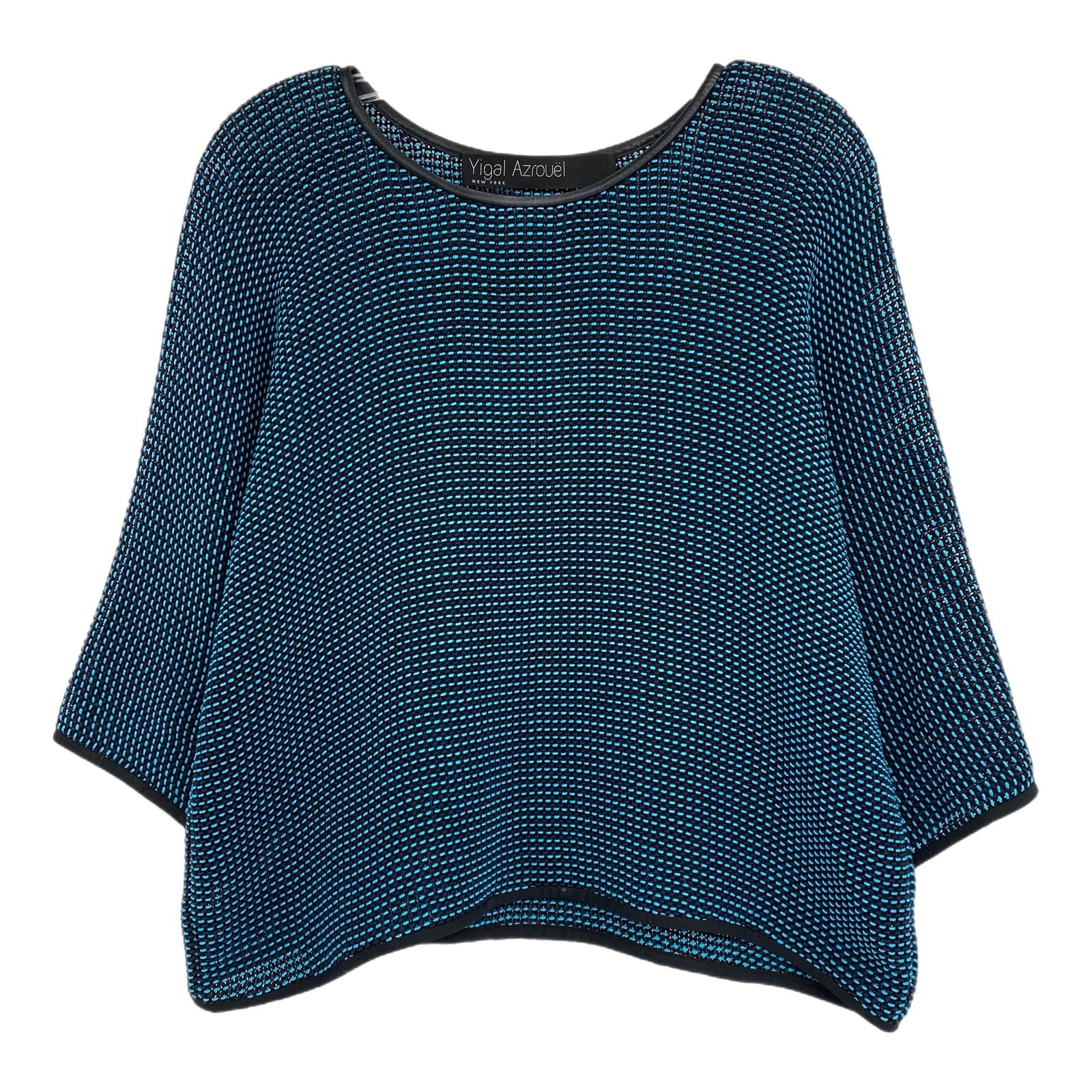 Yigal Azrouel Black & Blue Knit Sweater with Leather Trim