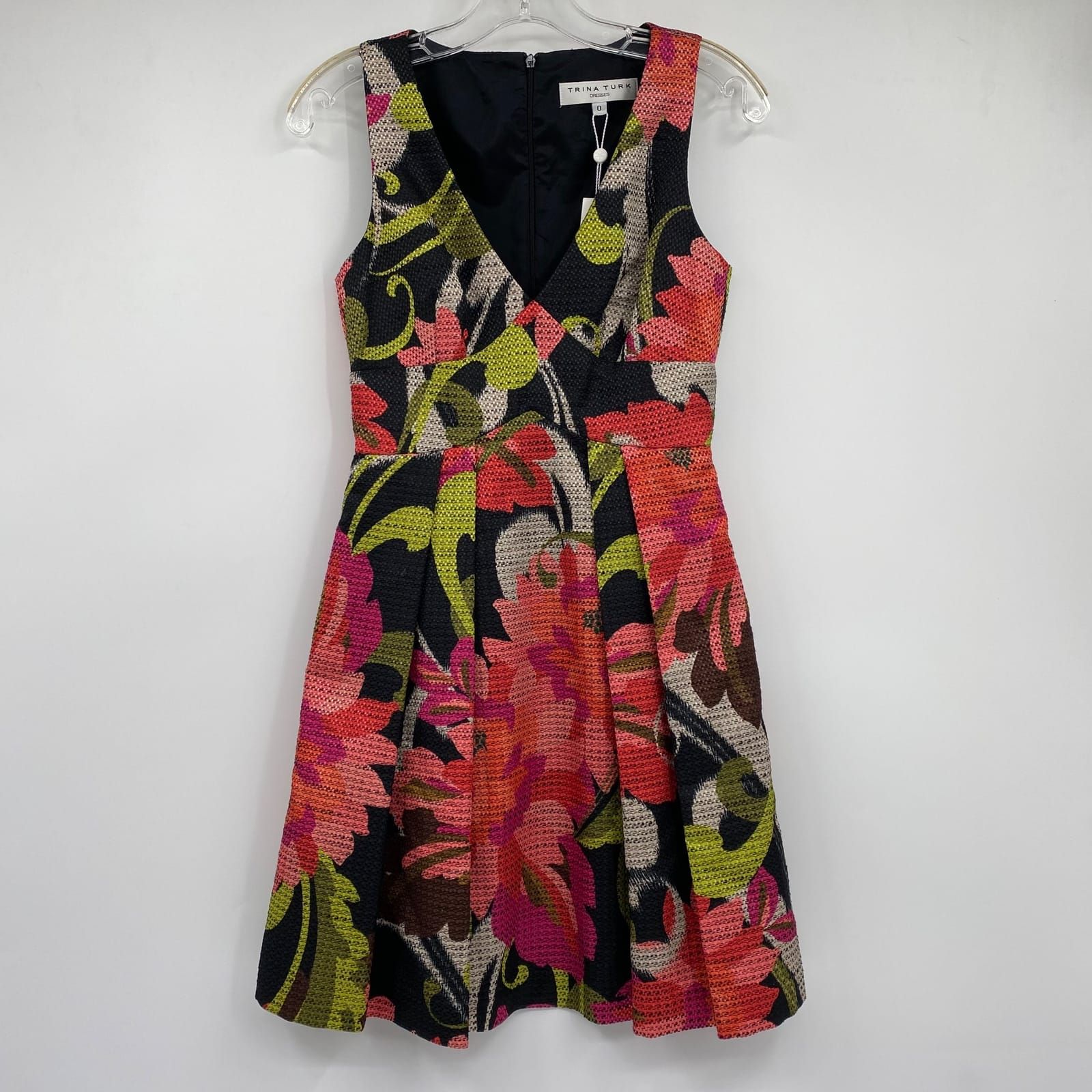 Trina Turk Black Pink Floral V-Neck Mini Dress