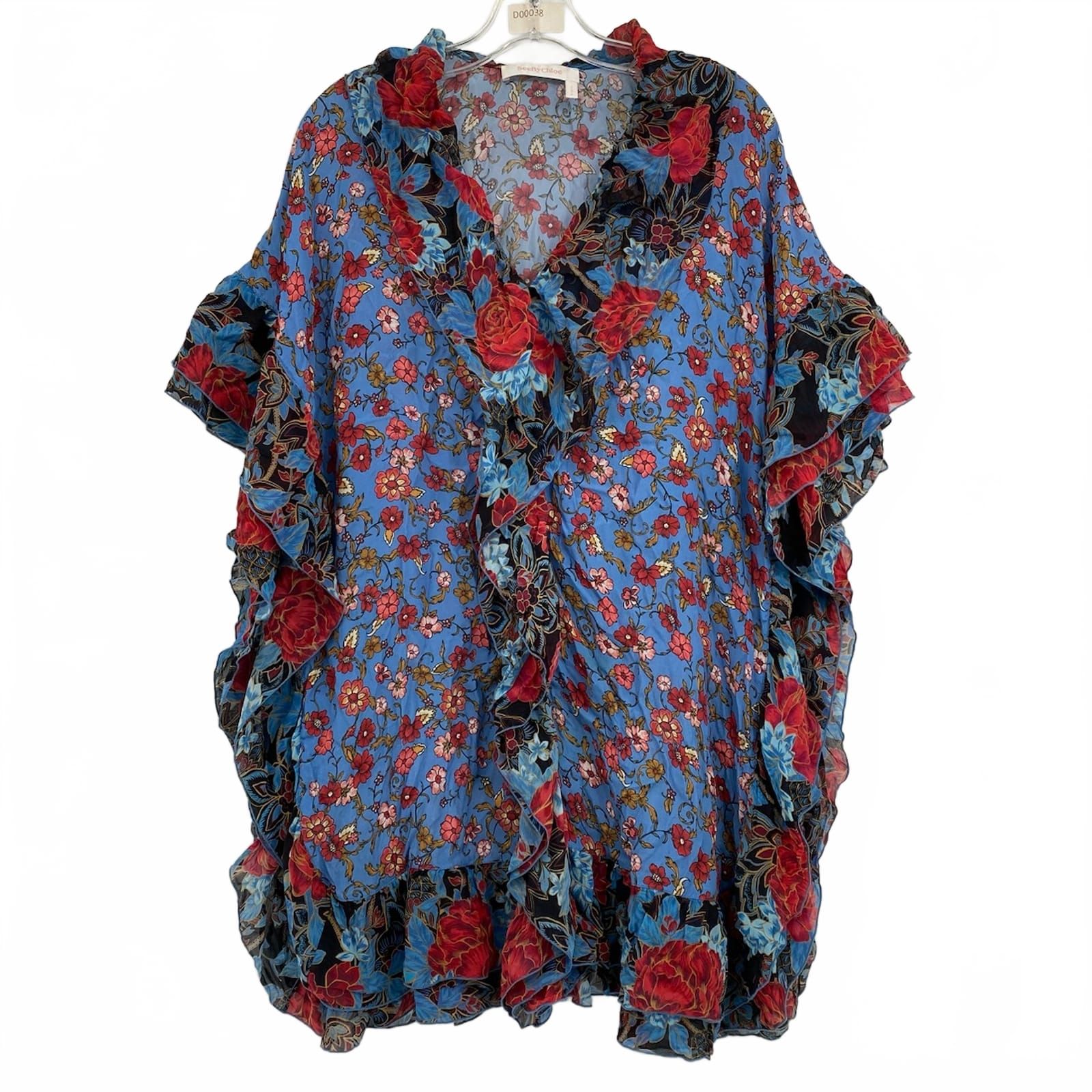 See By Chloe Blue Red Floral Ruffle Edge Mini Dress