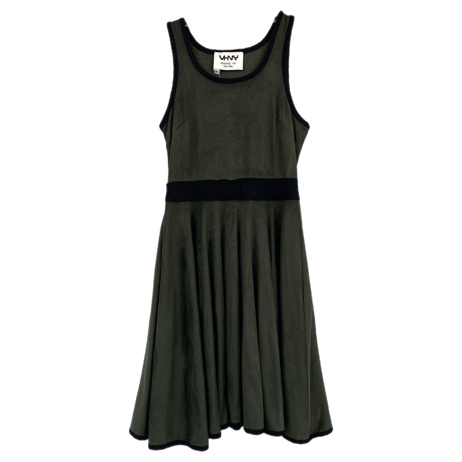 Vivienne Hu Green Black Lace Accent Faux Suede A-Line Mini Dress