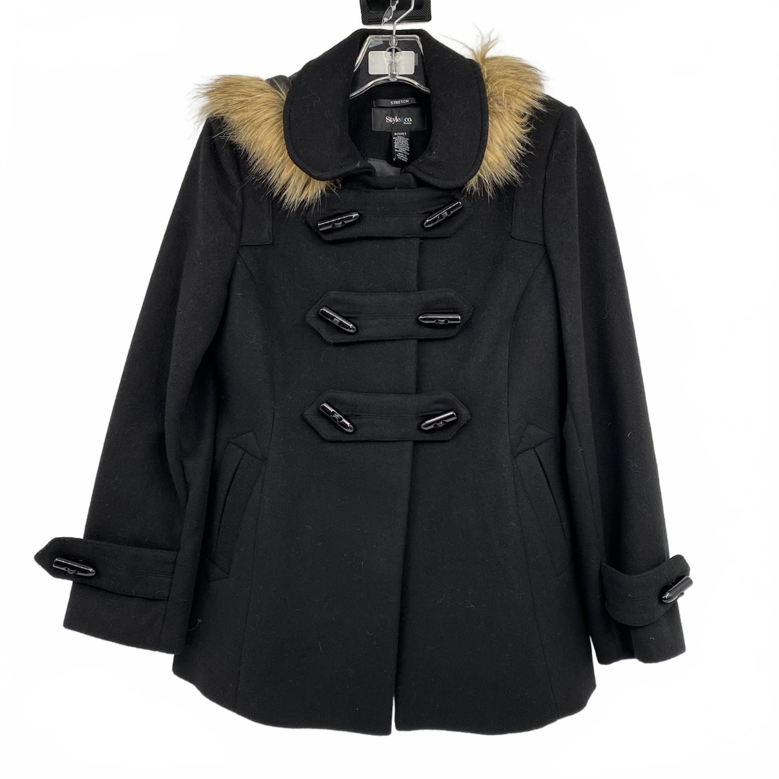 Style & Co Black Faux Fur Trim Hood Pea Coat