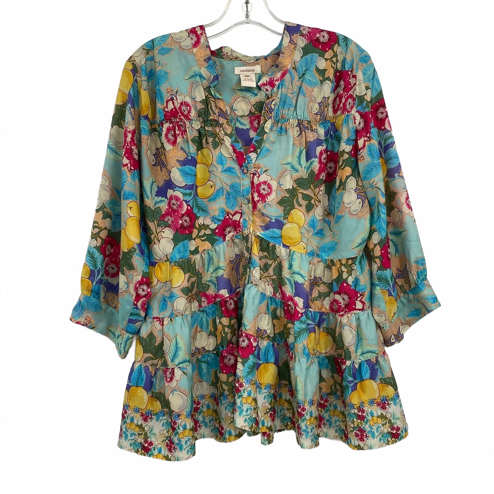 Sundance Blue Pink Floral Tiered Silk Blouse