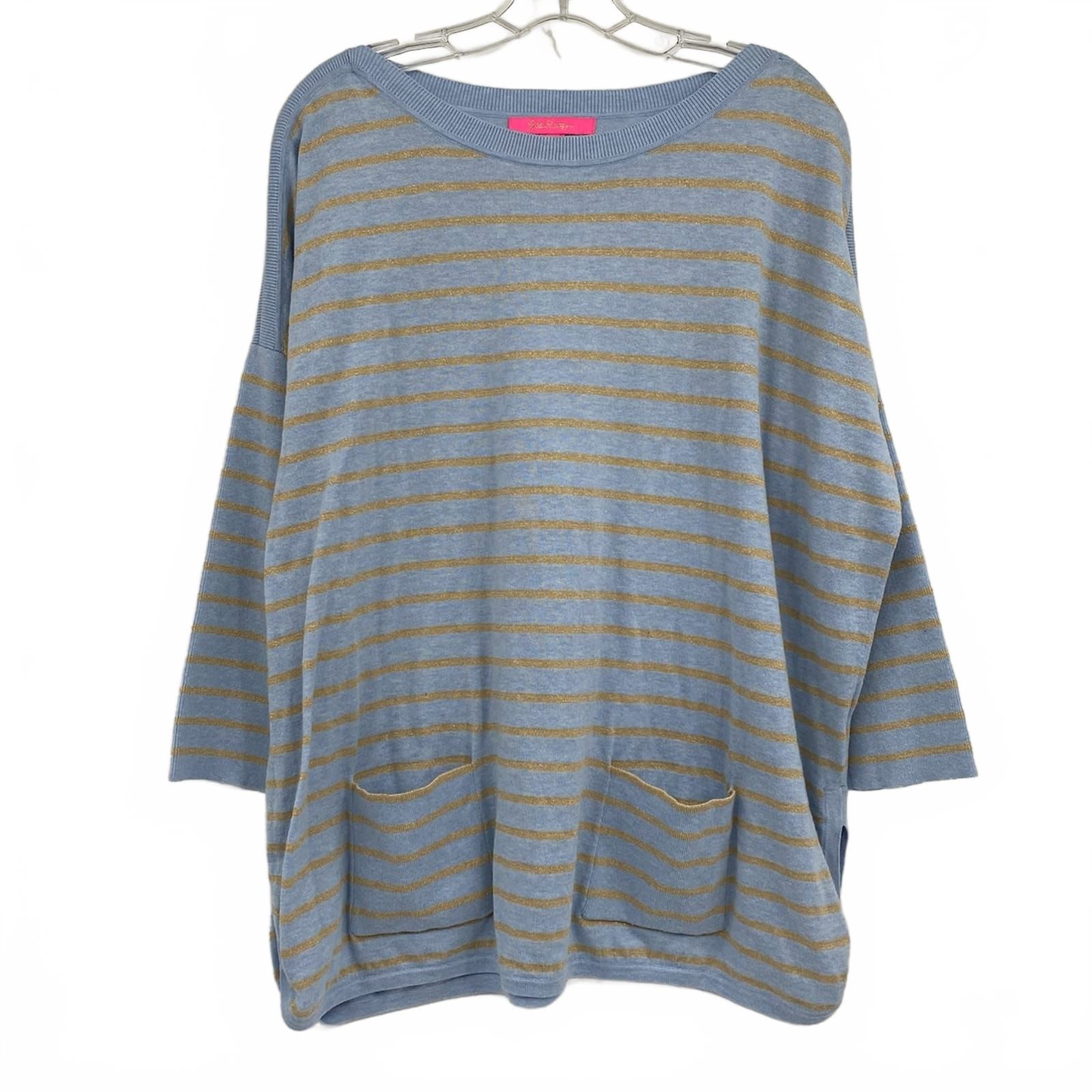 Lilly Pulitzer Blue Gold Striped Boat Neck Sweater