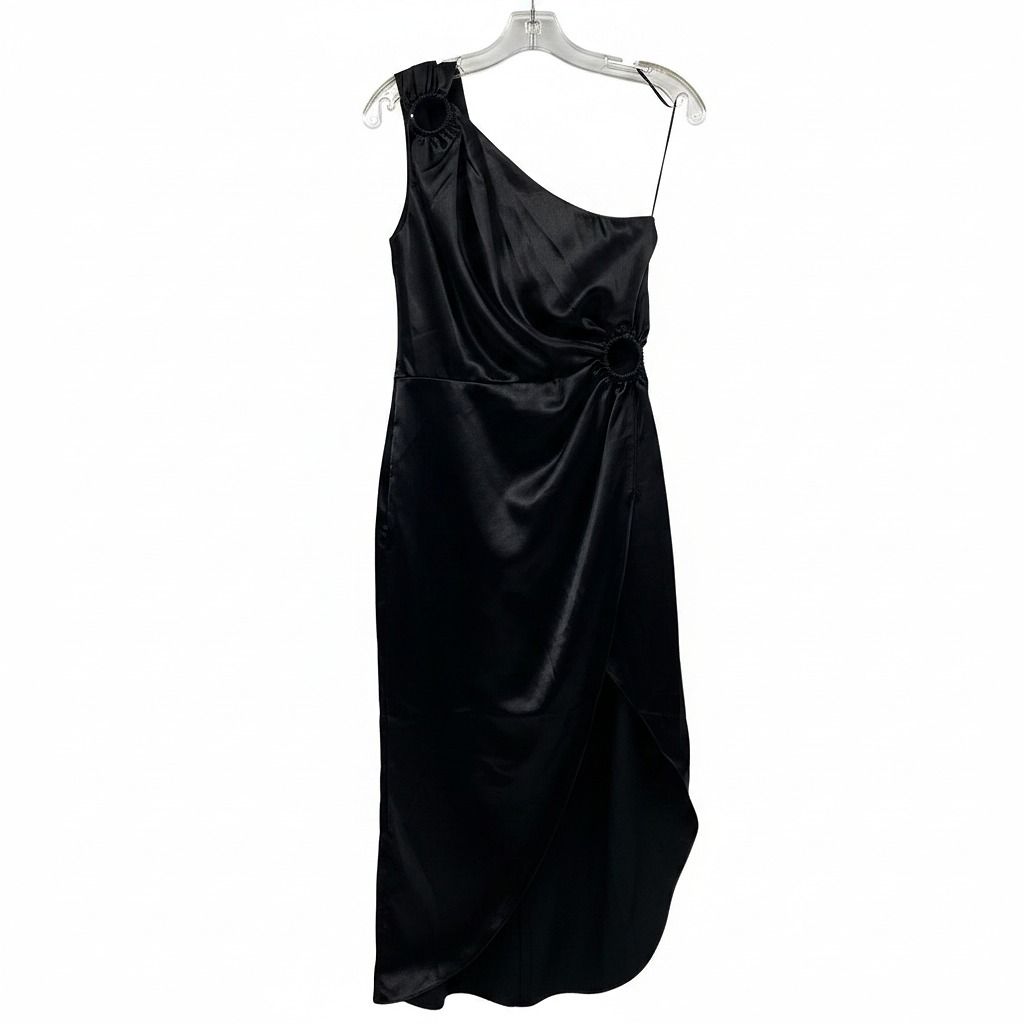 French Connection Black Satin O-Ring One Shoulder Midi Dress
