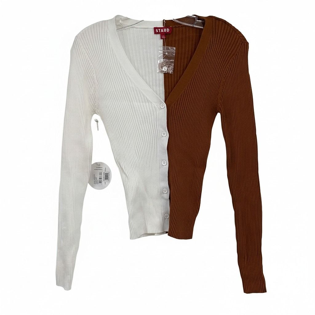 STAUD White Brown Cargo Ribbed Colorblock Cardigan