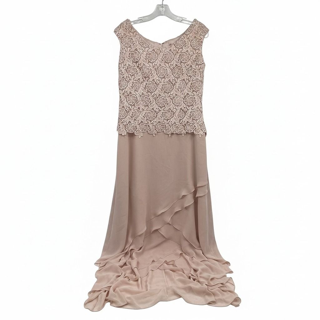 Cameron Blake Pink Beaded Lace Maxi Formal Dress